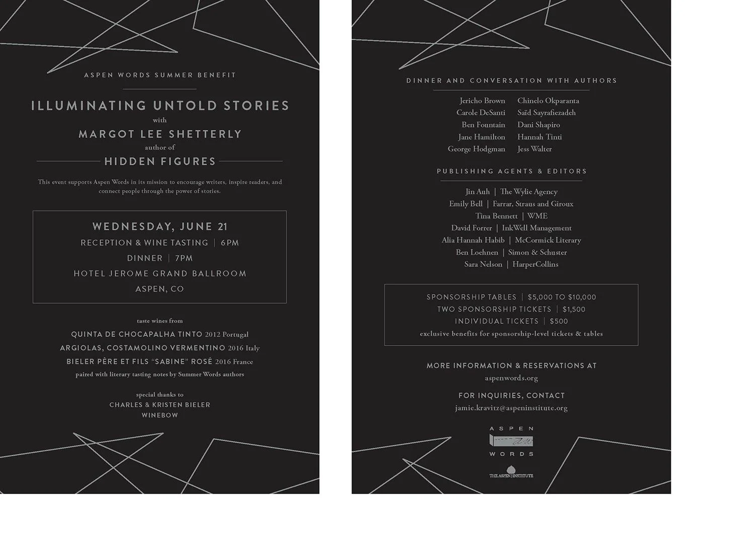Aspen Words Summer Gala event invitation using classic, minimalist style and clean typography