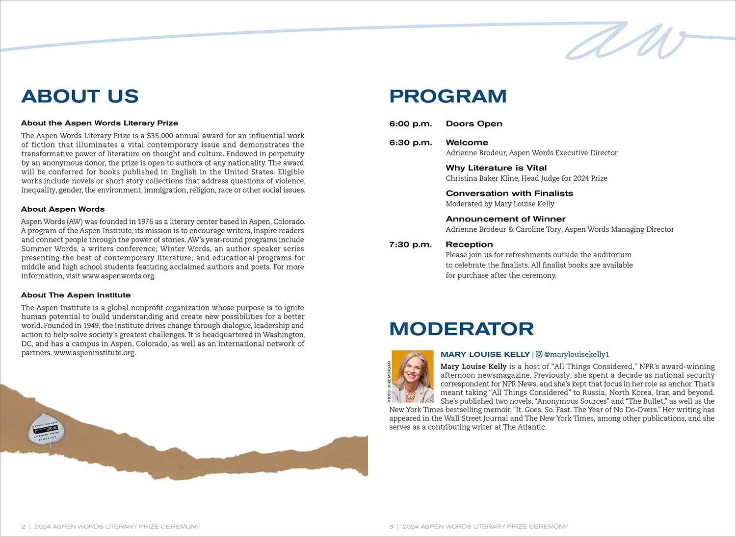 Aspen Words Literary Prize program spread showing clean editorial styling