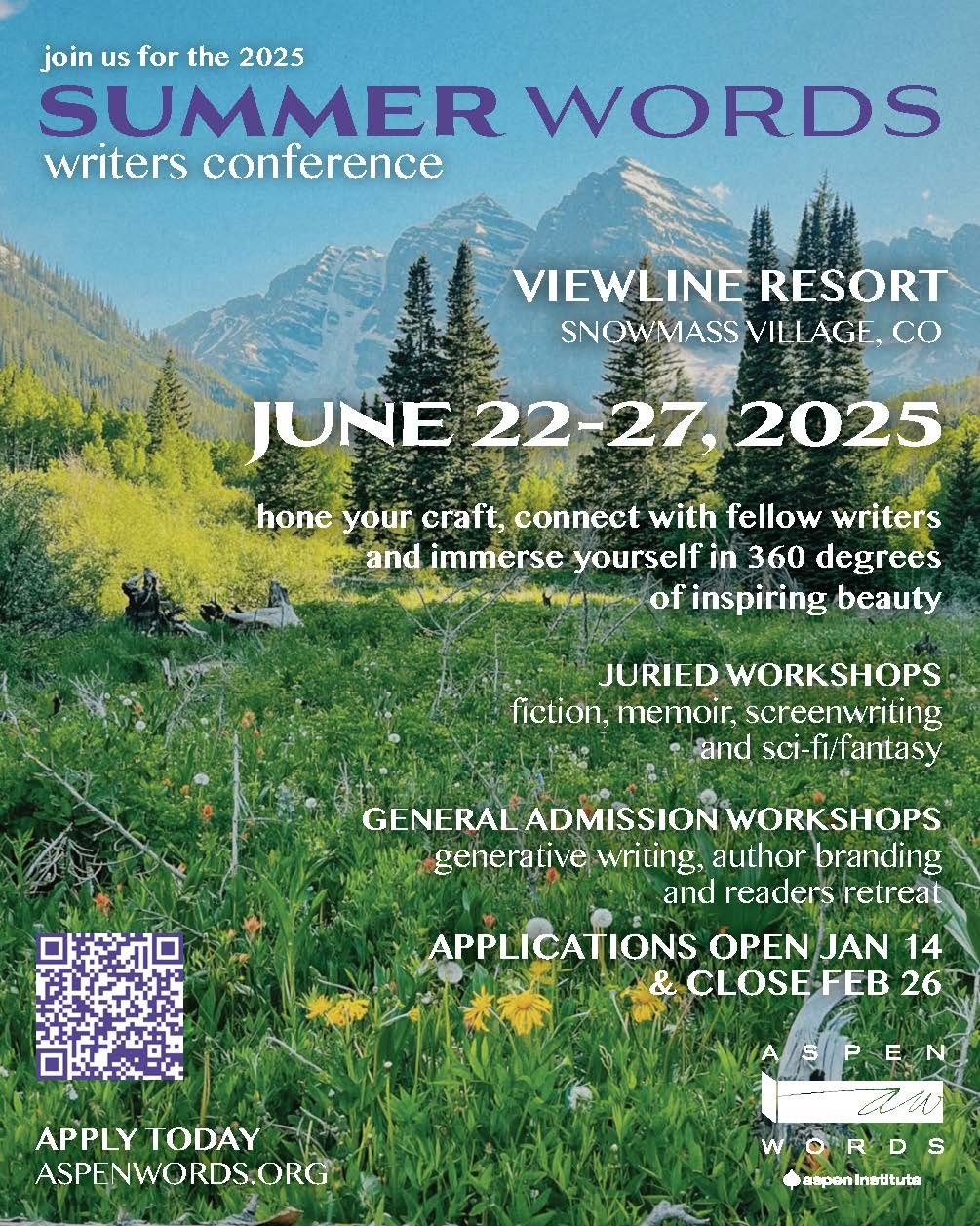 Aspen Words Summer Words magazine ad showing beautiful local mountains and meadow and clean typography