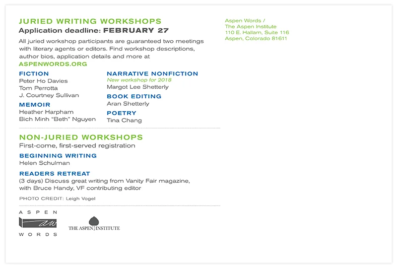 Aspen Words Summer Words Postcard back | Event Collateral Design by The Qurious Effect.