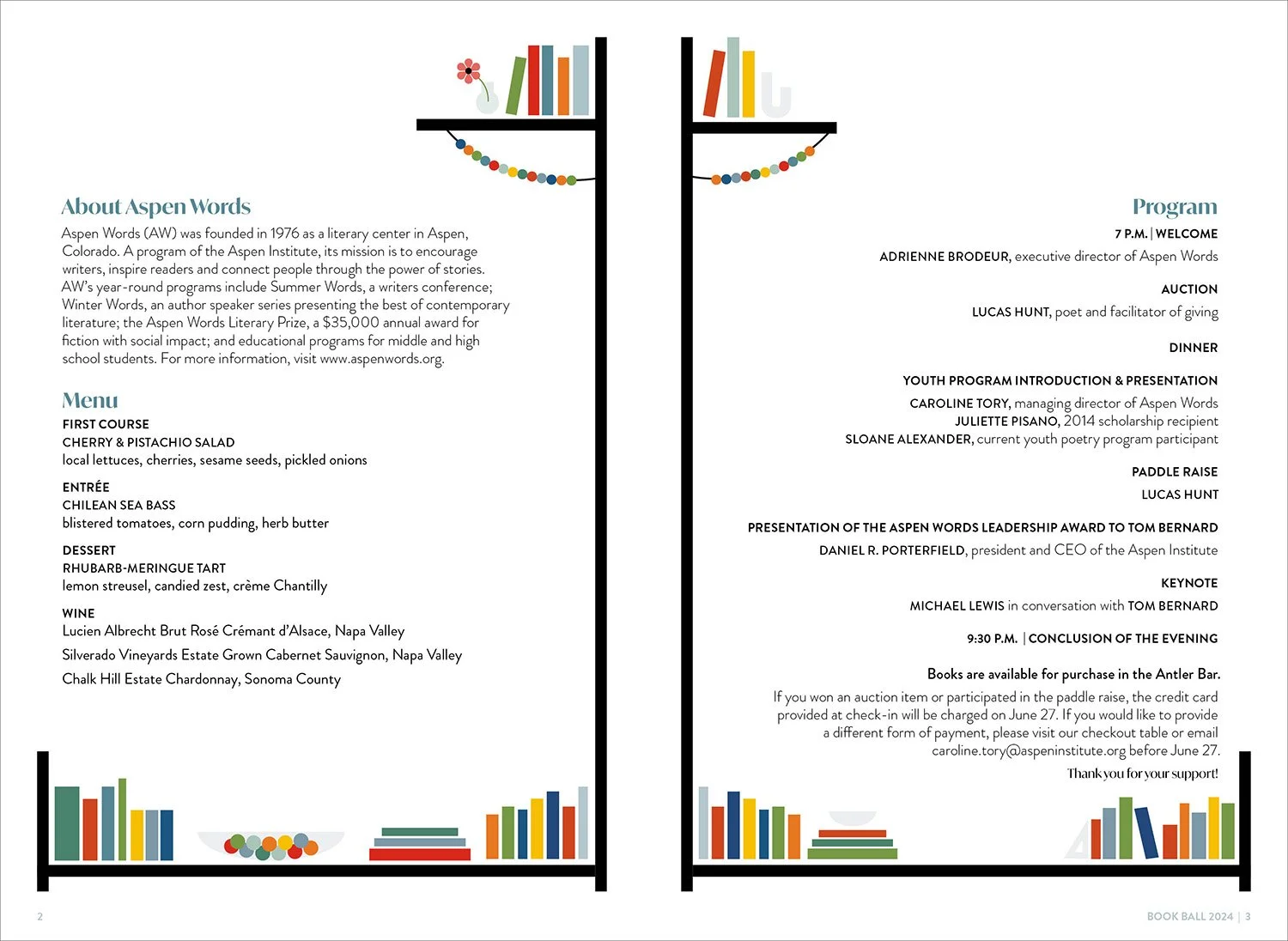 Aspen Words Book Ball event program showing clean, minimalist illustration and typography