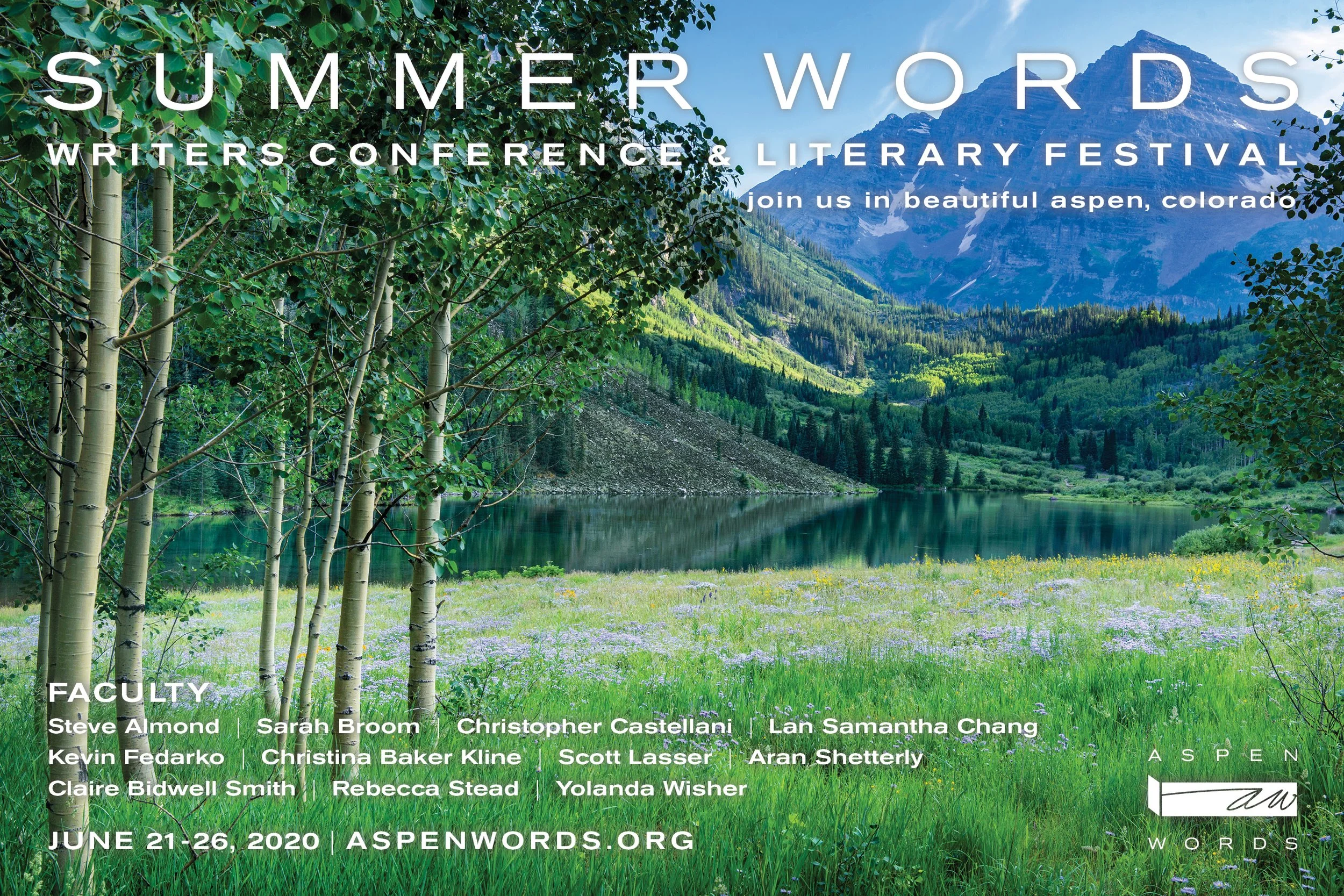 Aspen Words Summer Words marketing postcard showing beautiful local mountains and meadow and clean typography