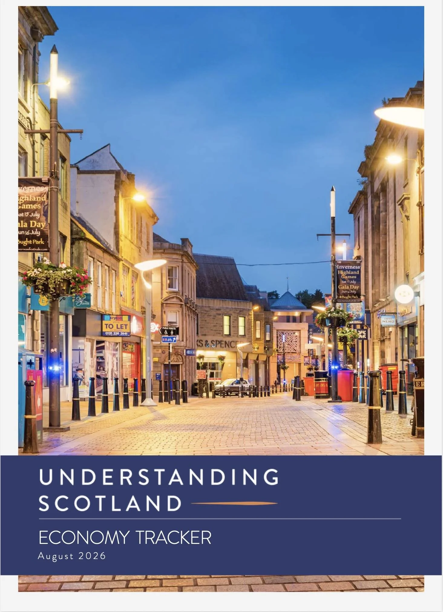 Picture of the front cover of the Understanding Scotland Economy Tracker briefing, August 2026 showing an empty shopping street