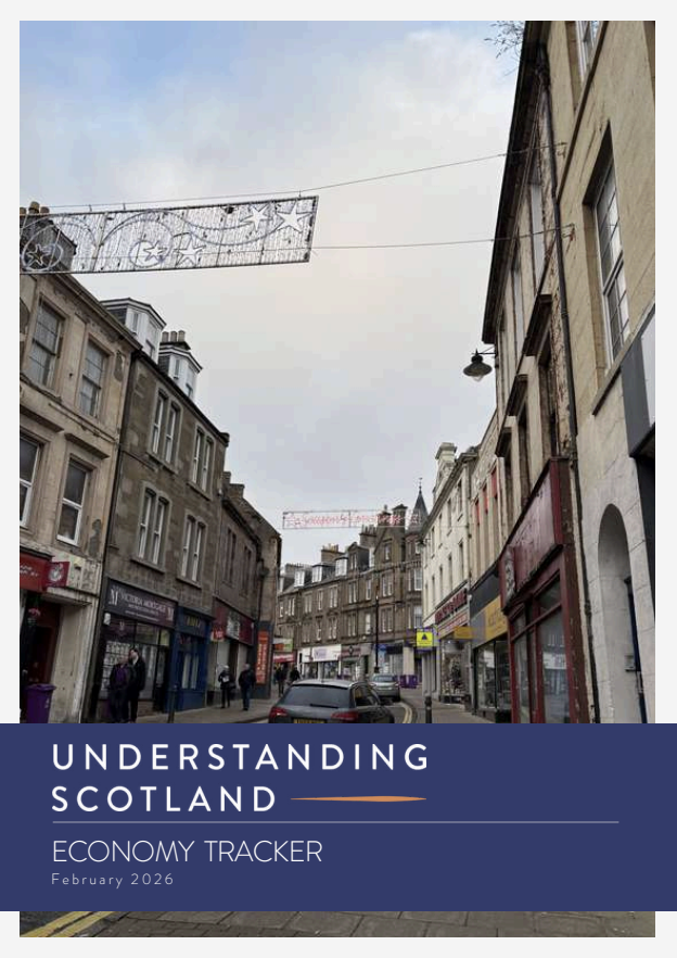 Image shows front page of Feb 2026 Understanding Scotland Economy Tracker - photo of the report shows a high street in Scotland.