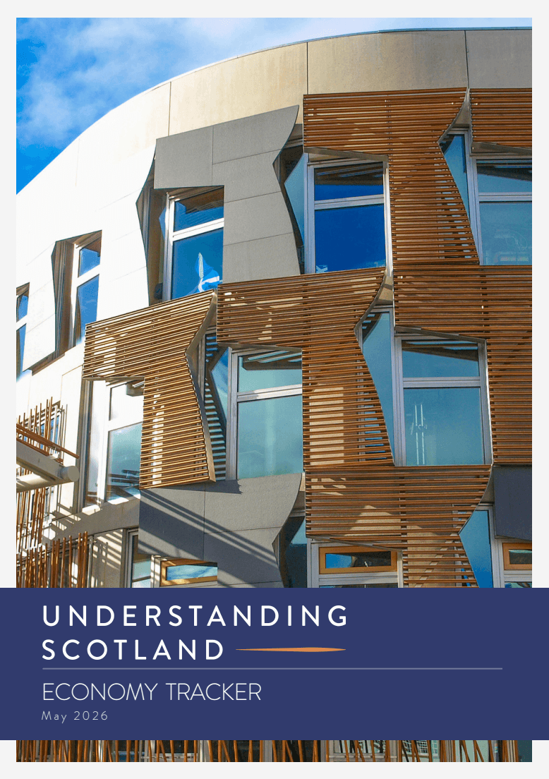 The front cover of the May 2026 Understanding the Scotland Economy Tracker report. The photograph on the cover shows the outside of the Scottish Parliament building on a sunny day.