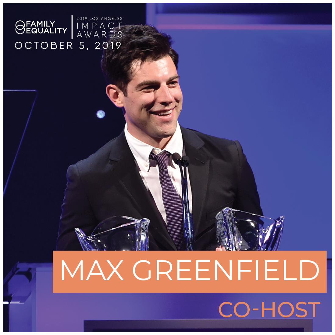 Sample caption: Being in a room full of people dedicating to making #LGBTQ lives better? Yes, please! I couldn’t be more excited to join my friend @iammaxgreenfield in celebrating LGBTQ+ families and youth at the #LAImpactAwards alongside @familyequality this October.