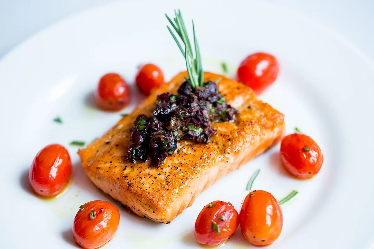 roasted salmon with tapenade & grape tomatoes