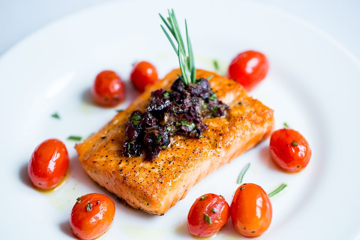 roasted salmon with tapenade & grape tomatoes