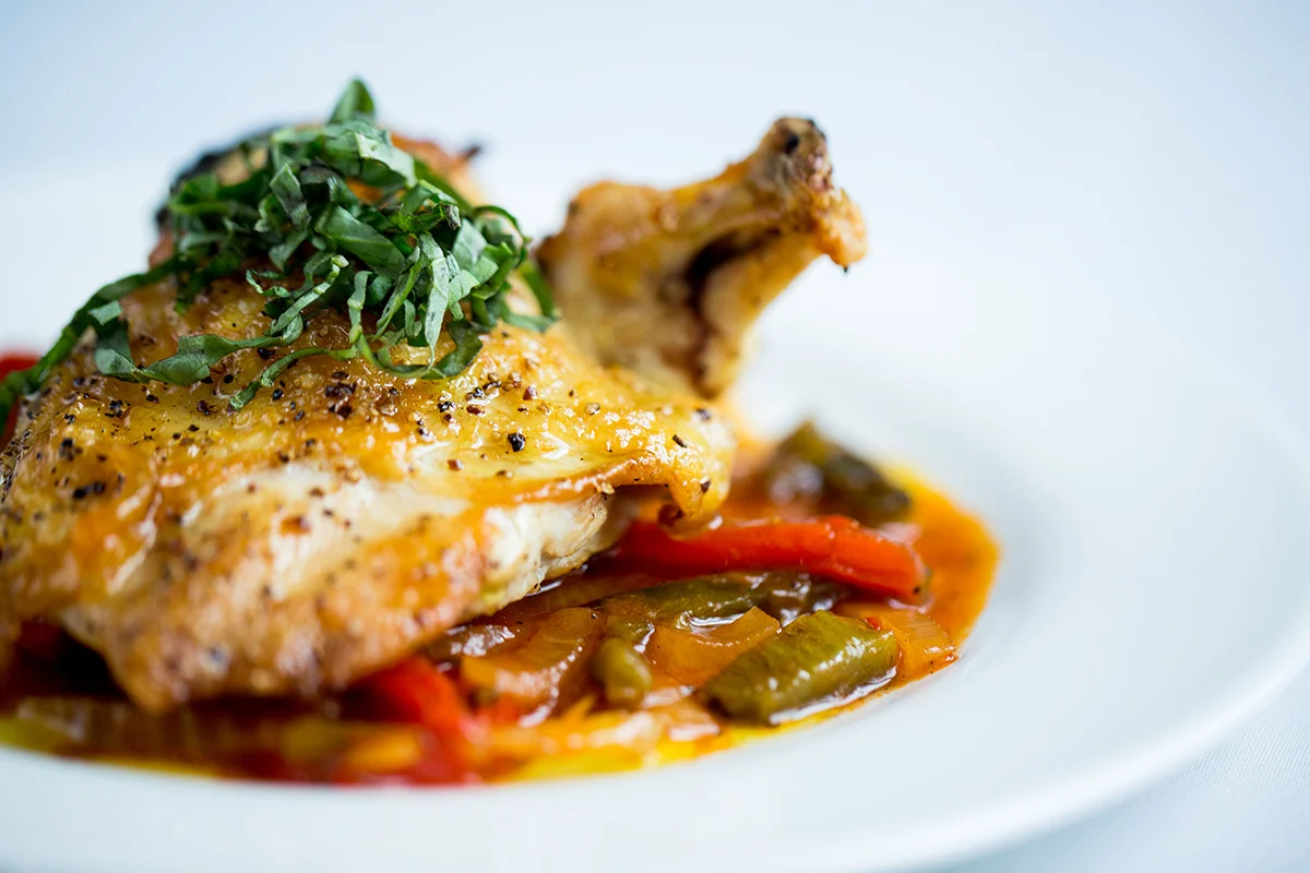 mediterranean-stuffed chicken breast with peperonata sauce