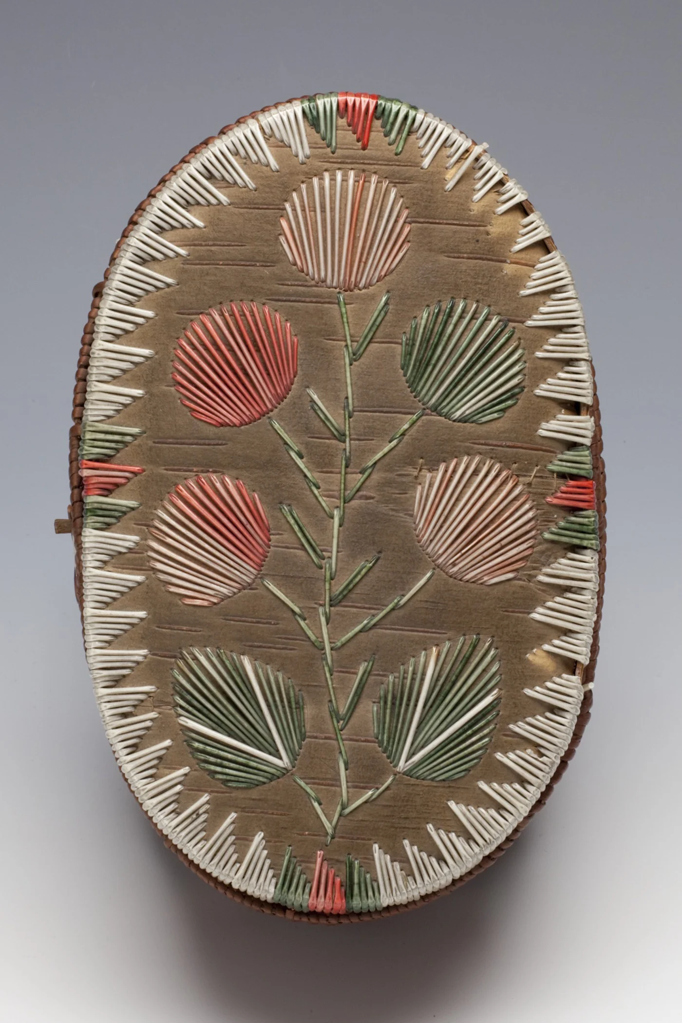 Anishinaabe, oblong birch bark basket with lid, about 1900, top view 