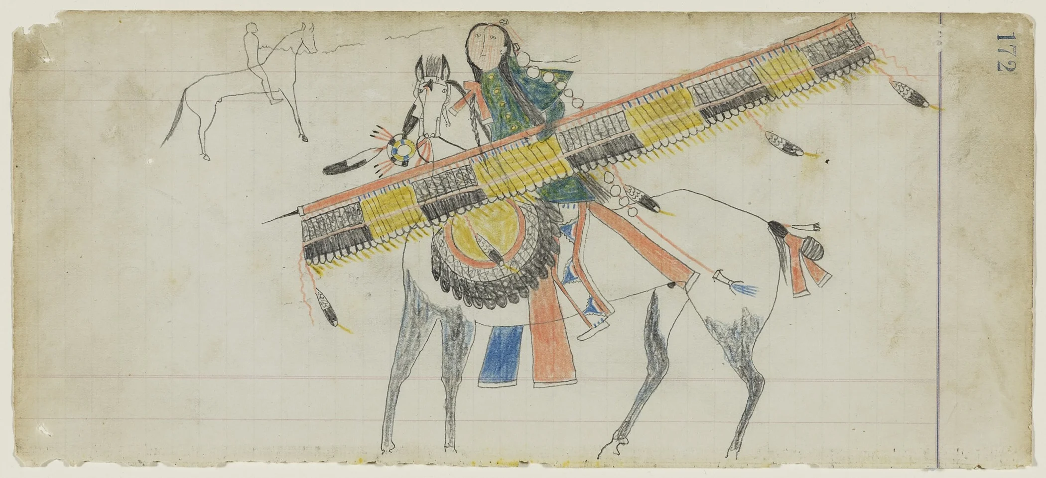 American (Southern Inunaina and/or Southern Tsistsistas), active late 19th century, Untitled (A Crazy Dog Society Warrior) , page 172 from the Frank Henderson Ledger , about 1882. Graphite and colored pencil on laid ledger paper, 5 5/16 × 11 7/8 in. Hood Museum of Art, Dartmouth College: Mark Lansburgh Ledger Drawing Collection; Partial gift of Mark Lansburgh, Class of 1949; and partial purchase through the Mrs. Harvey P. Hood W’18 Fund, and the Offices of the President and Provost of Dartmouth College; 2007.65.51.