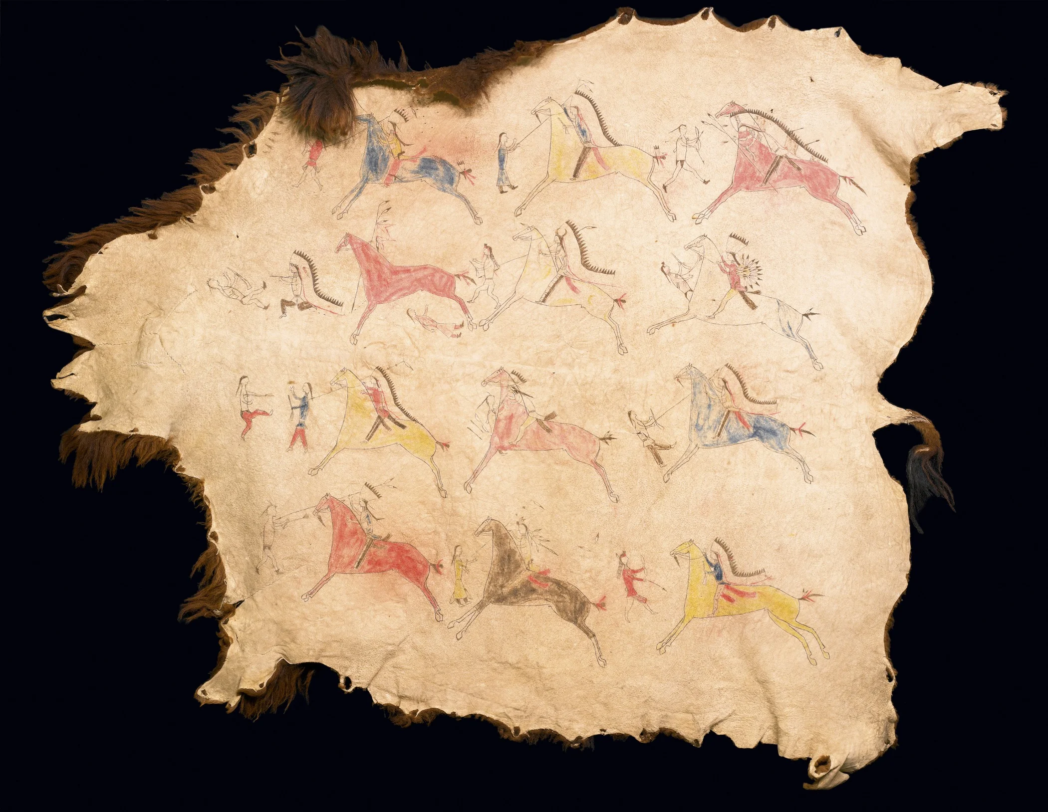 Sioux, pictorial buffalo robe, about 1870. Buffalo (American bison) hide, paint, ink, and sinew, 86 × 102 3/8 in. Hood Museum of Art, Dartmouth College: Purchased through the Florence and Lansing Porter Moore 1937 Fund; 2009.13.