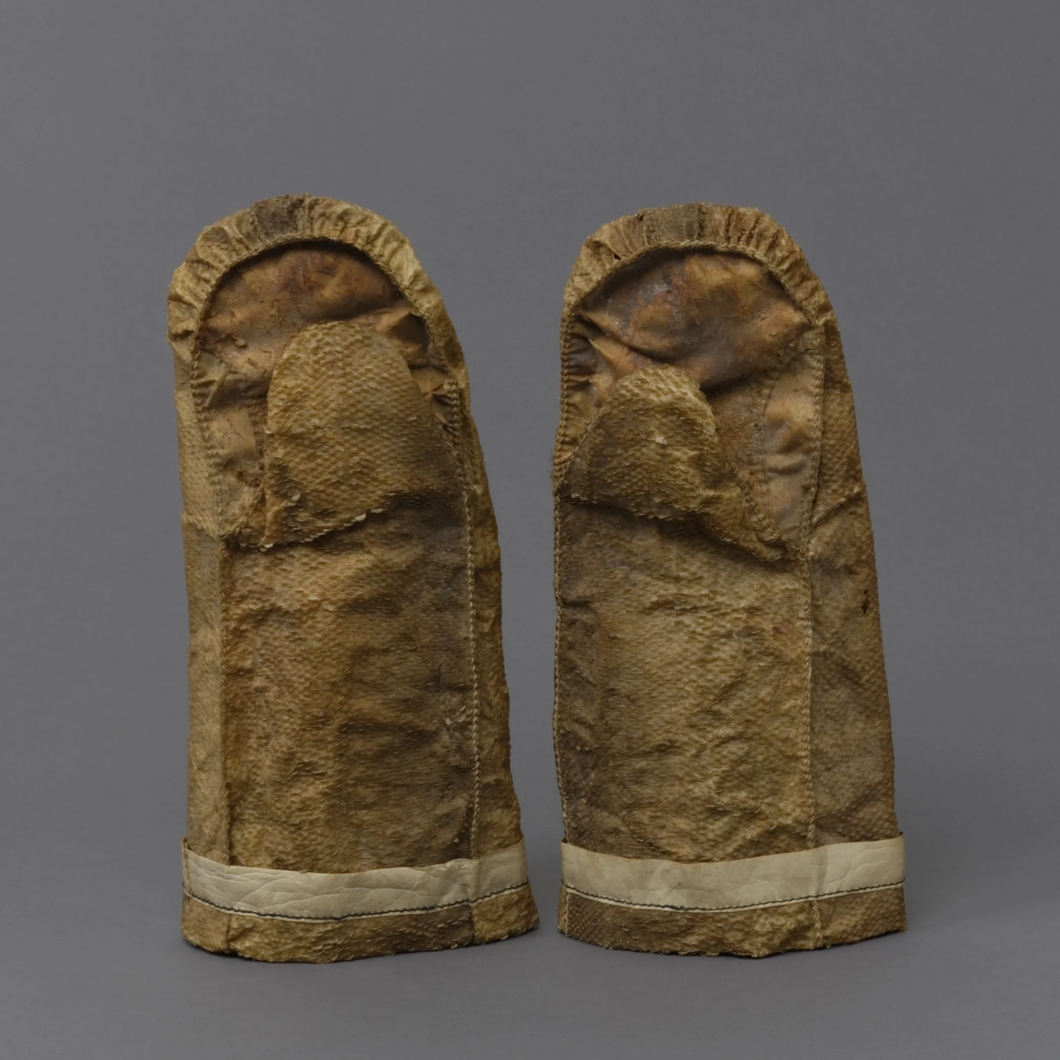 Unangax̂ (Aleut), fish skin mittens, collected about 1940. Fish skin, caribou hide, and button, 13 3/8 × 7 1/16 in. Hood Museum of Art, Dartmouth College: Gift of the Estate of Corey Ford, Class of 1921H; 169.75.24864.