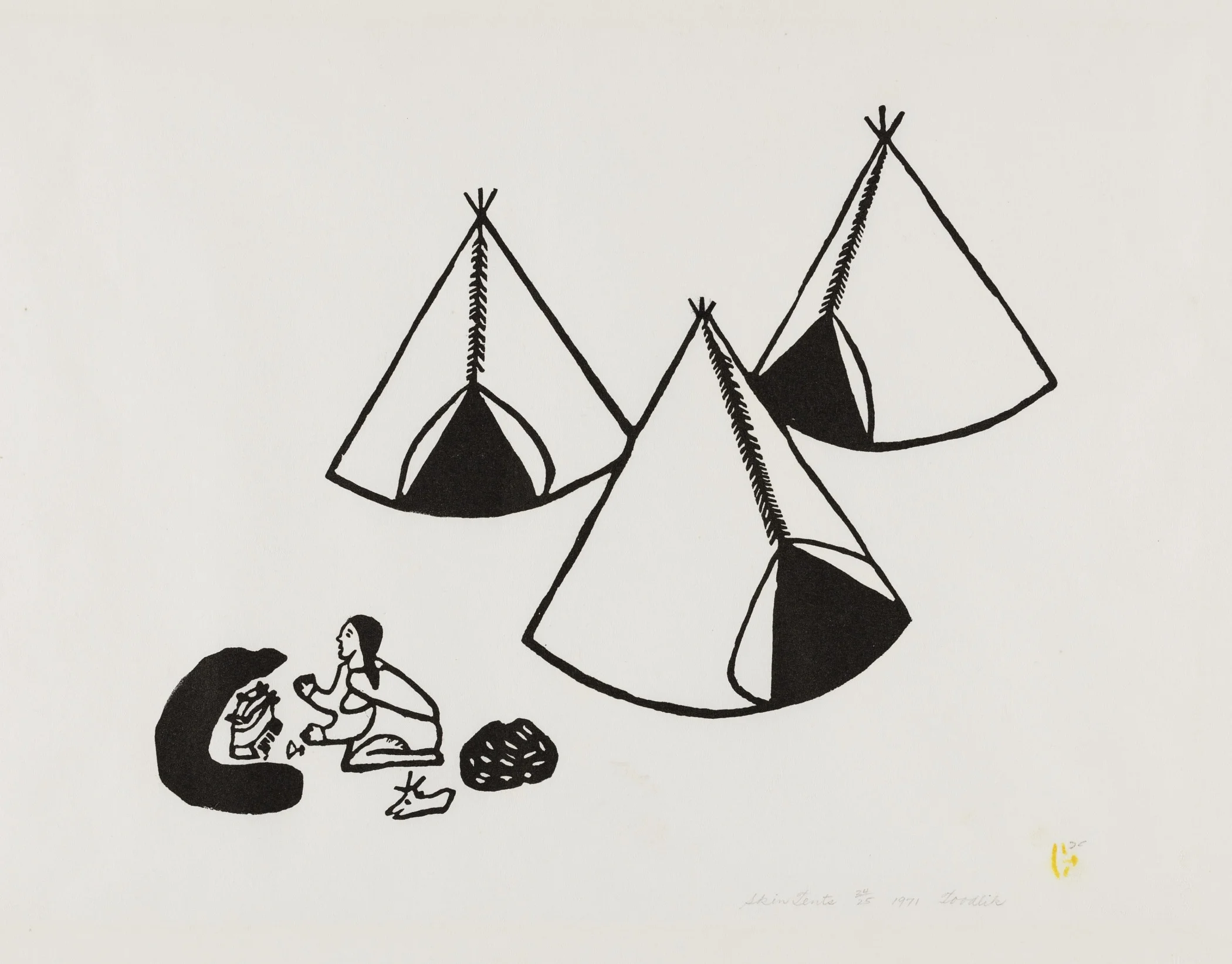 Margaret Toodlik Amarook, Canadian (Inuit), born 1942; Publisher: Sanavik Cooperative, Baker Lake, Skin Tents , 1971. Stonecut print on paper, edition 24/25, 14 15/16 × 20 3/16 in. Hood Museum of Art, Dartmouth College: Gift of Willy E. Gorrissen; 179.17.25859.