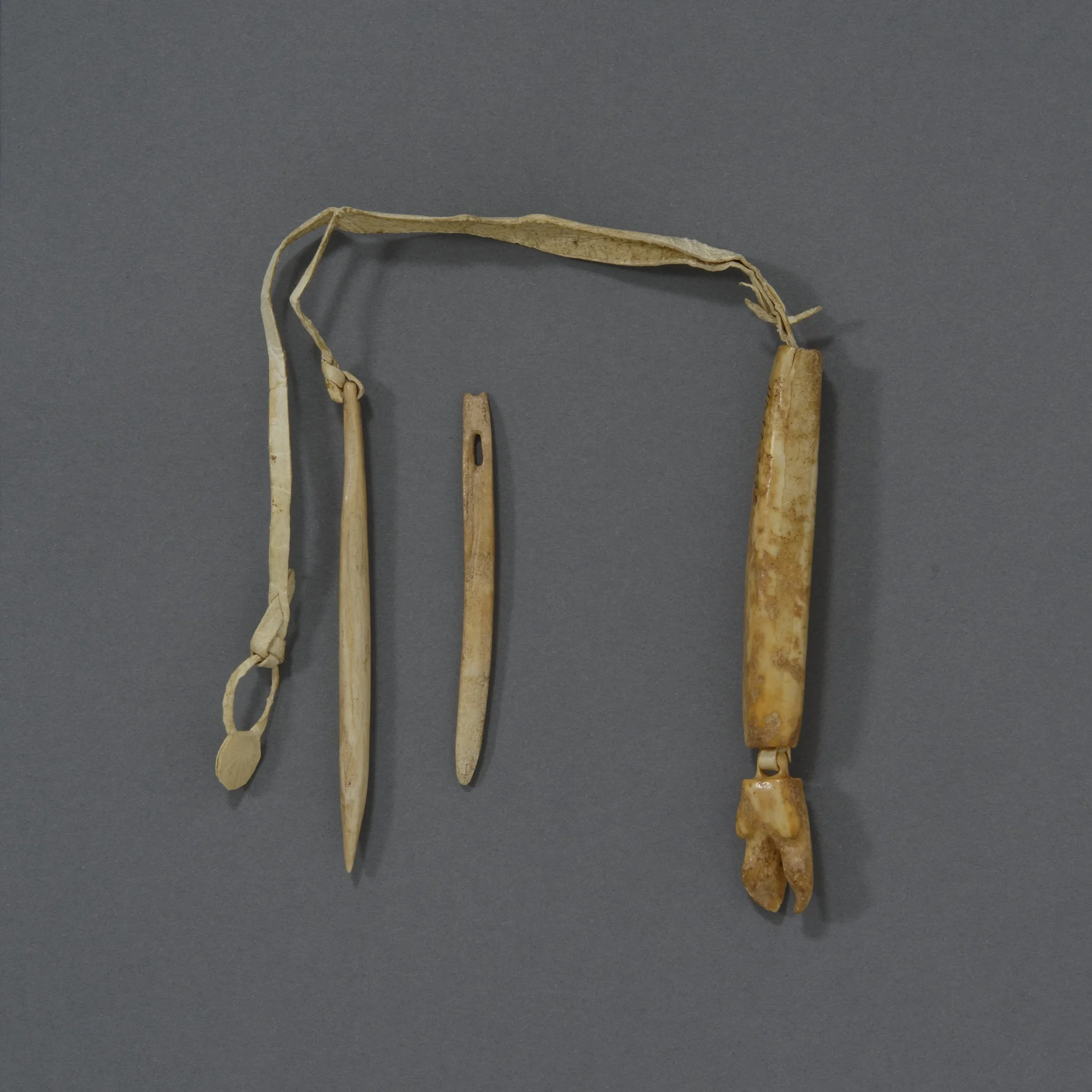Iñupiaq, ivory needle case with belt thong, collected 1905. Ivory and sealskin strip, height: 3 3/16 in. Hood Museum of Art, Dartmouth College: Bequest of Frank C. and Clara G. Churchill; 46.17.9678.