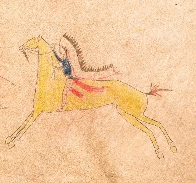 Detail. Sioux, Pictorial buffalo robe, about 1870. Buffalo (American bison) hide, paint, ink, and sinew, 86 × 102 3/8 in. Hood Museum of Art, Dartmouth College: Purchased through the Florence and Lansing Porter Moore 1937 Fund; 2009.13