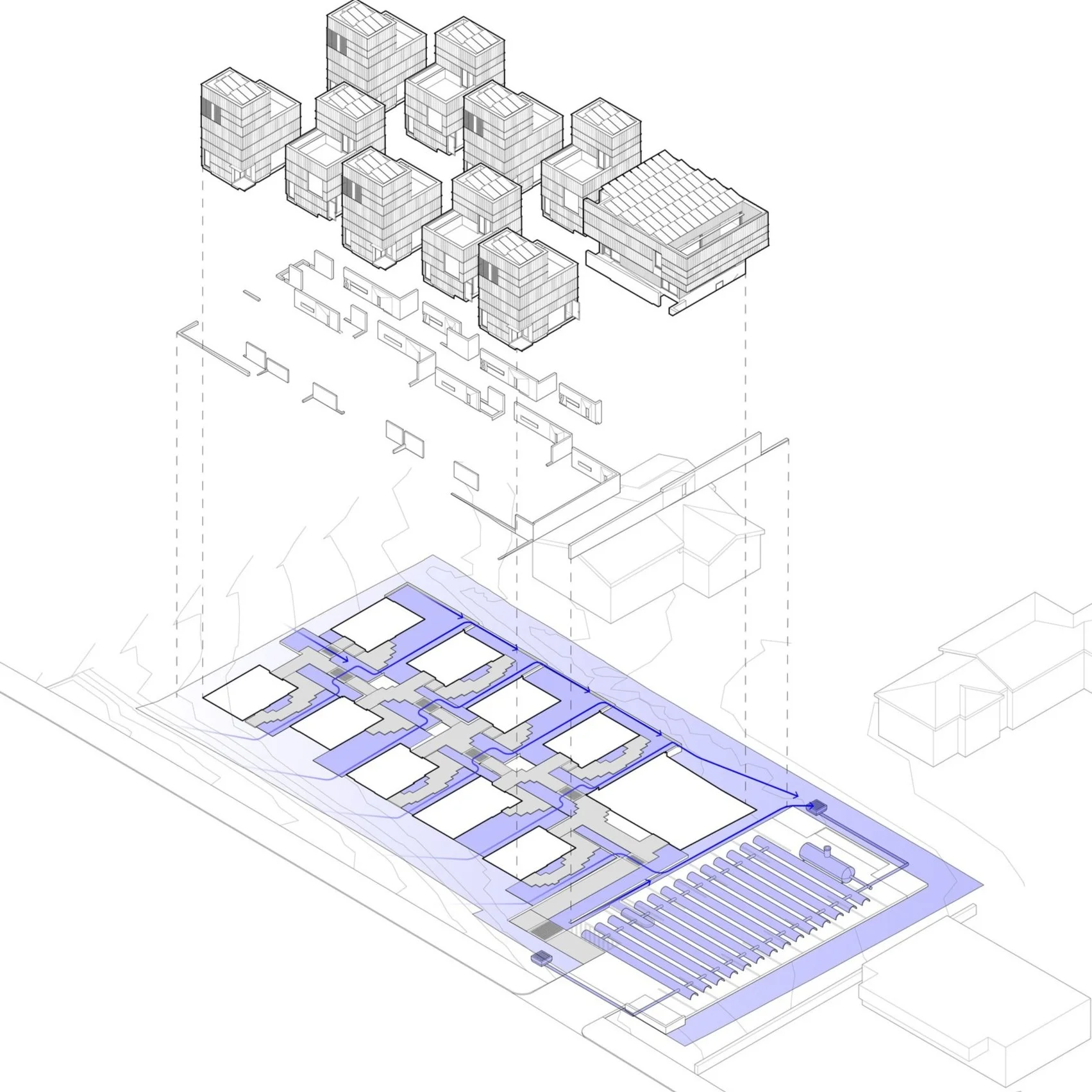 axonometric, rain gardens in desert, bell rock, landscape hotel, modern architecture, phoenix, sedona, oasis