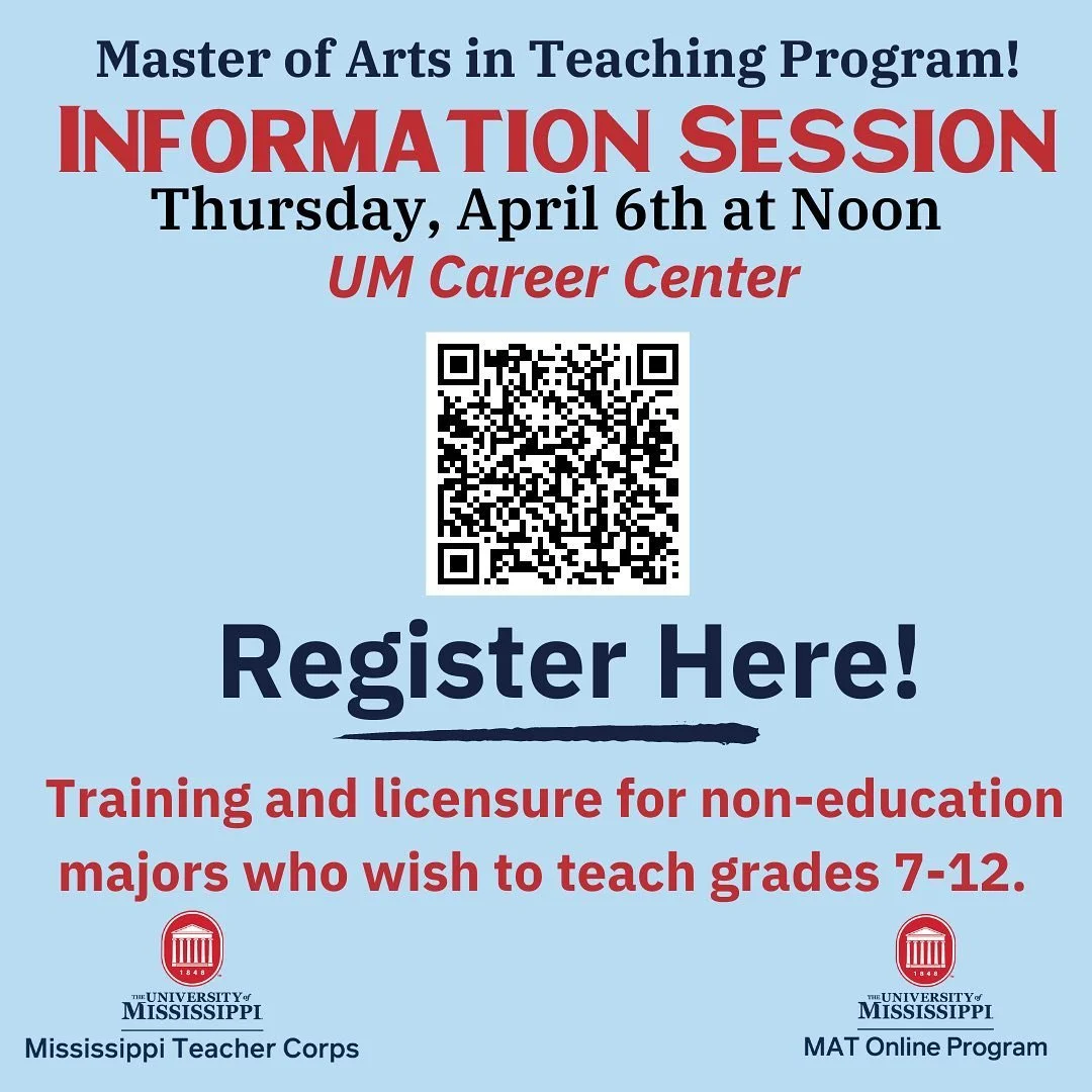 Join us this Thursday to get information on our Alt-Route Teaching Programs for non-education majors who want to teach 7-12th grade!! 🧑&zwj;💻➡️🧑&zwj;🏫

Track #1: Mississippi Teacher Corps offers a full scholarship for a Master&rsquo;s of Arts in 
