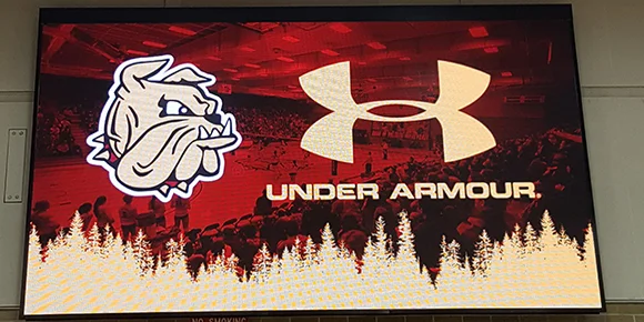 UMD installed a $300,000 video board in Romano Gym in 2017. Courtesy of UMD Athletics.