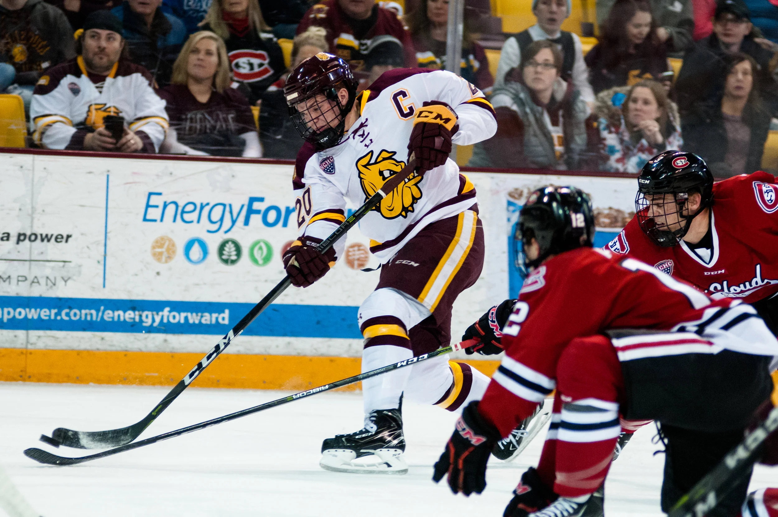 Karson Kuhlman rips a slap shot in tonight's contest. Photo courtesy of Alex Ganeev