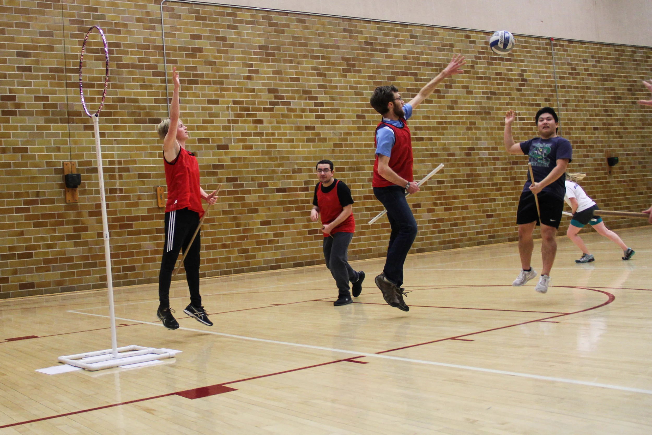 Connor Kropp, Naseem Farahid, Peter Dvoracek, Harry Vang and Sara Jorgenson practice playing quidditch at RSOP on Thursday, Jan. 25. Photo by: Krista Mathes