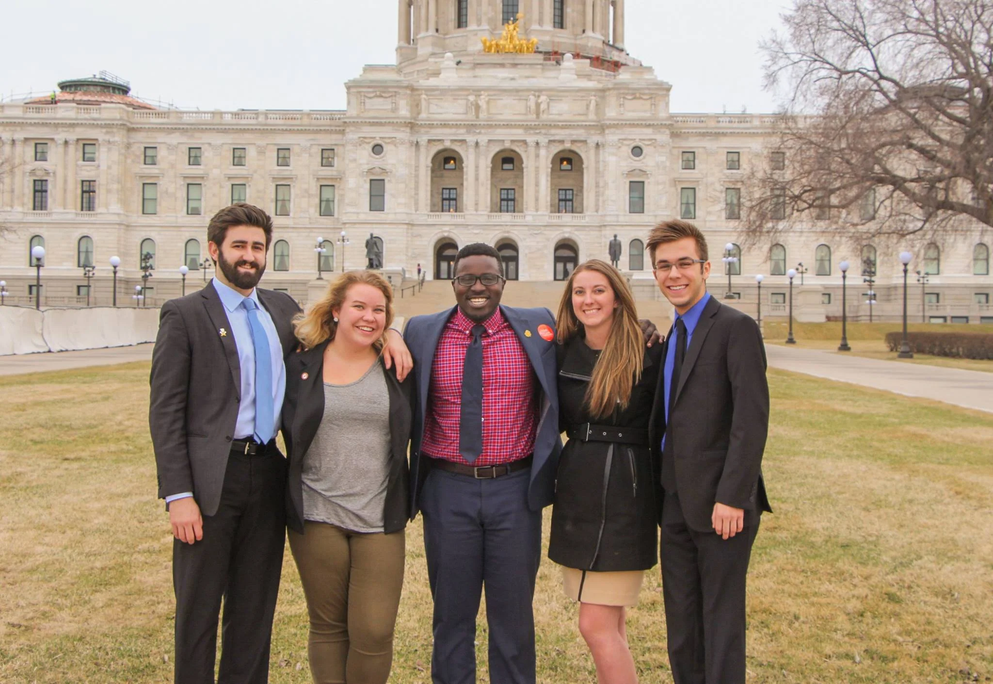 UMD SA members at the Minnesota State Capitol in 2017. From left: Mitchell Farmer-Lies, Mati Hanson, Mike Kenyanya, Caitlyn Walker and Cameron Lulic. Photo Courtesy of Student Association.