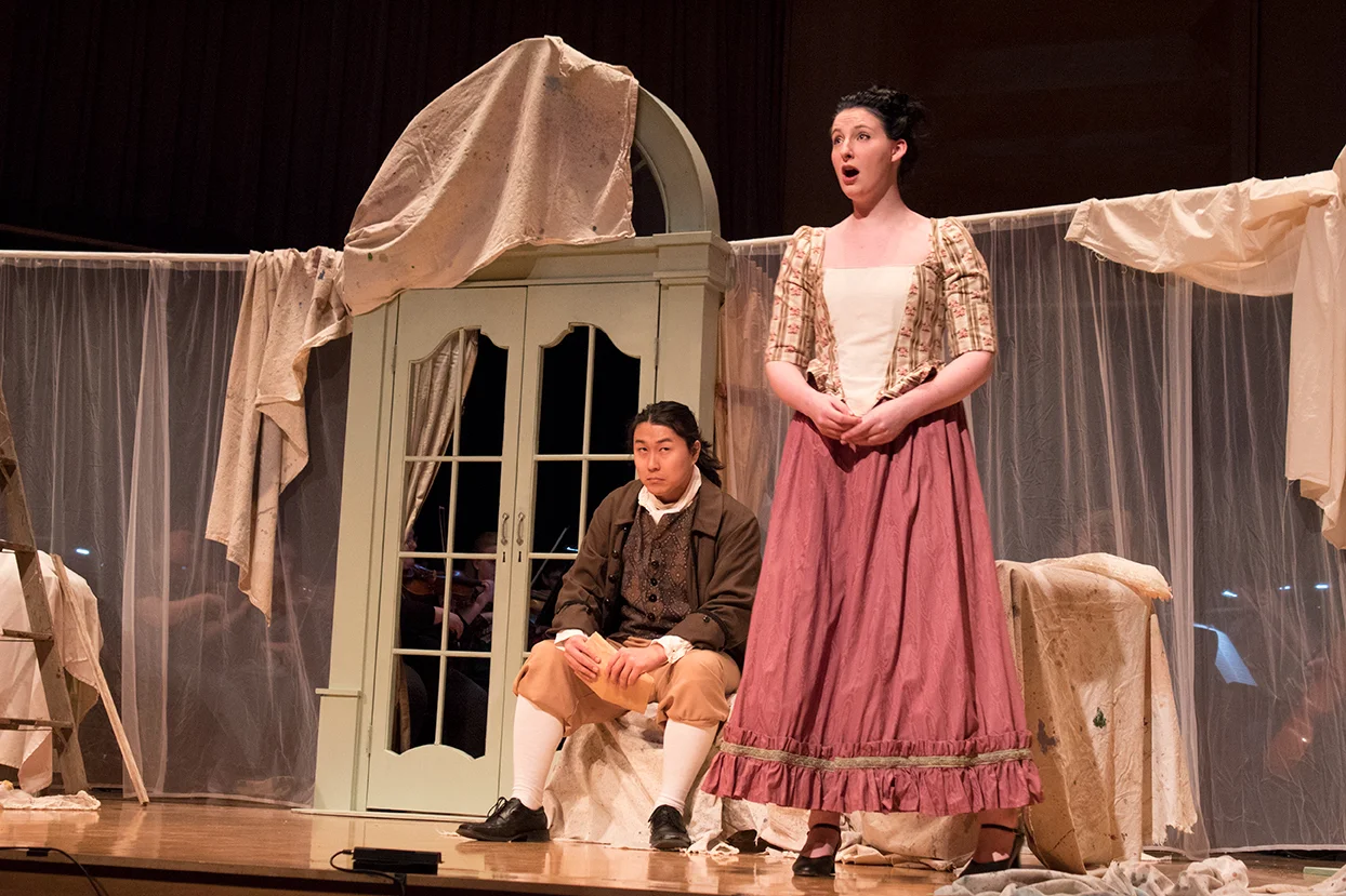 Tanner Barsness as Figaro and Emily Holter as Susanna during rehearsals. Photo by Jakob Bermas.