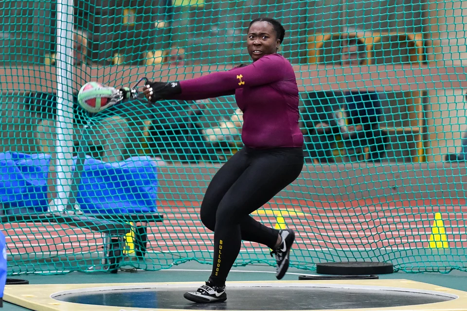 Bariture Igbah placed third in the weight toss at the 2018 Maverick Invitational in Mankato. Photo courtesy of UMD Athletics.
