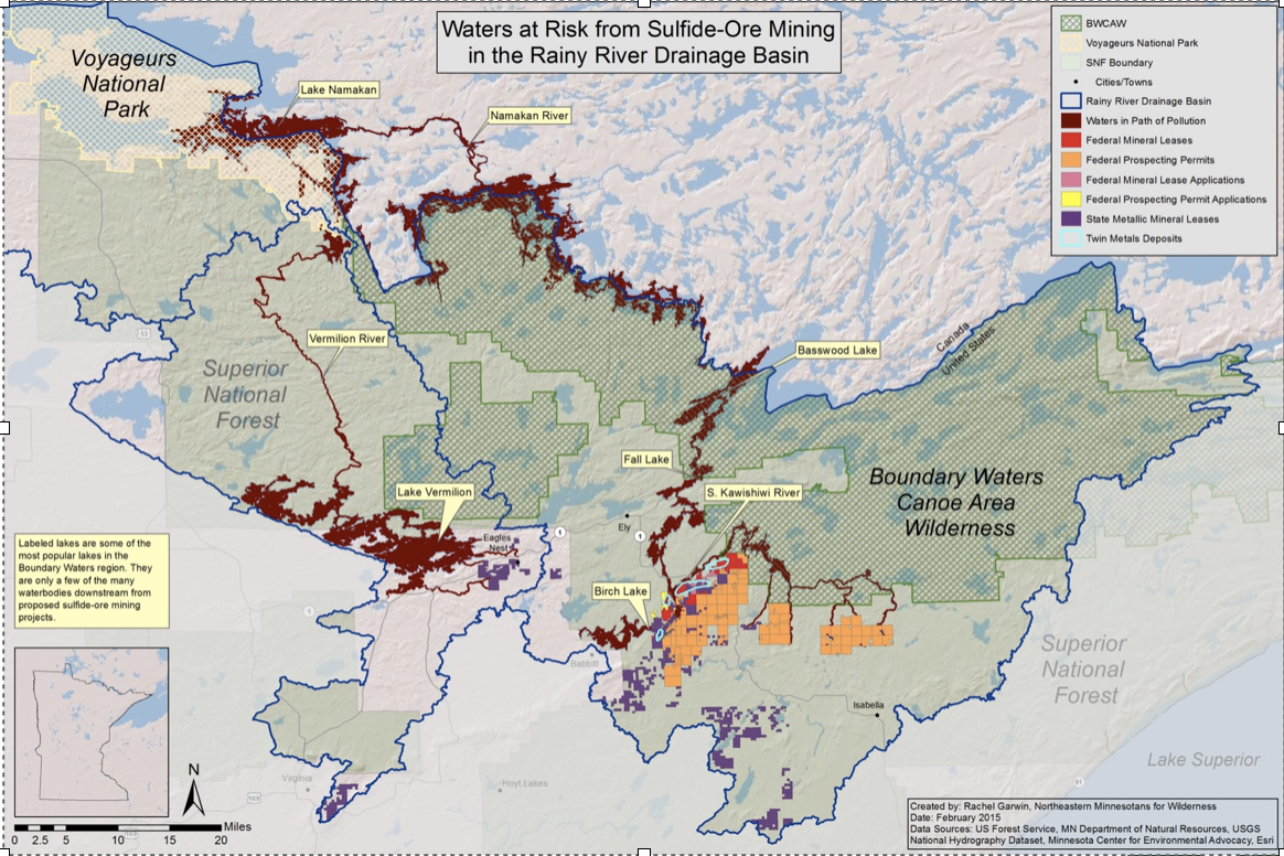 Map showing the waters at risk from Sulfide-Ore Mining in the Rainy River Drainage Basin. Photo courtesy of Save the Boundary Waters.