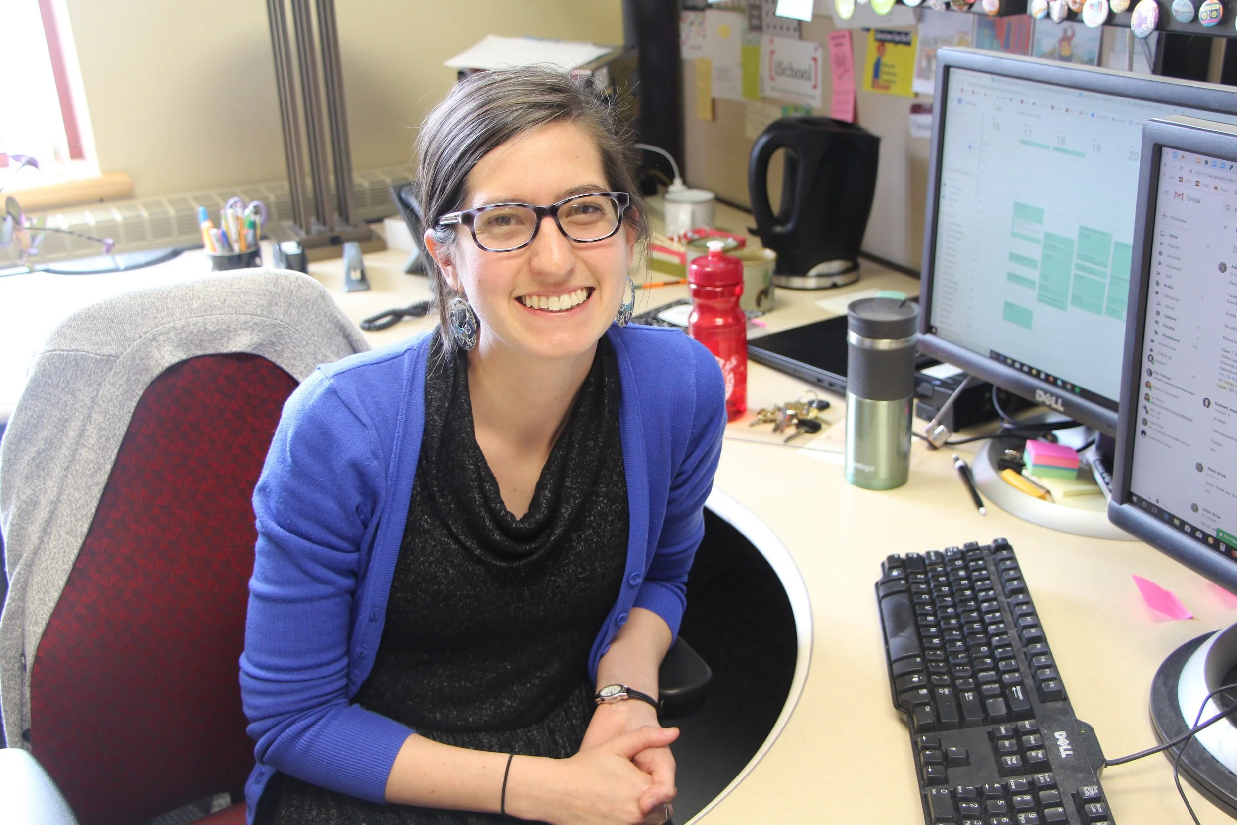Education and Human Service Professions Librarian for the Kathryn A. Martin Library, Kayleen Jones, at the library on Sept. 21, 2018. Jones is excited to “combine our powers” with the Duluth Public Library for UMD’s Banned Books Week Open House on Sept. 24, 2018. Photo by Brianna Taggart