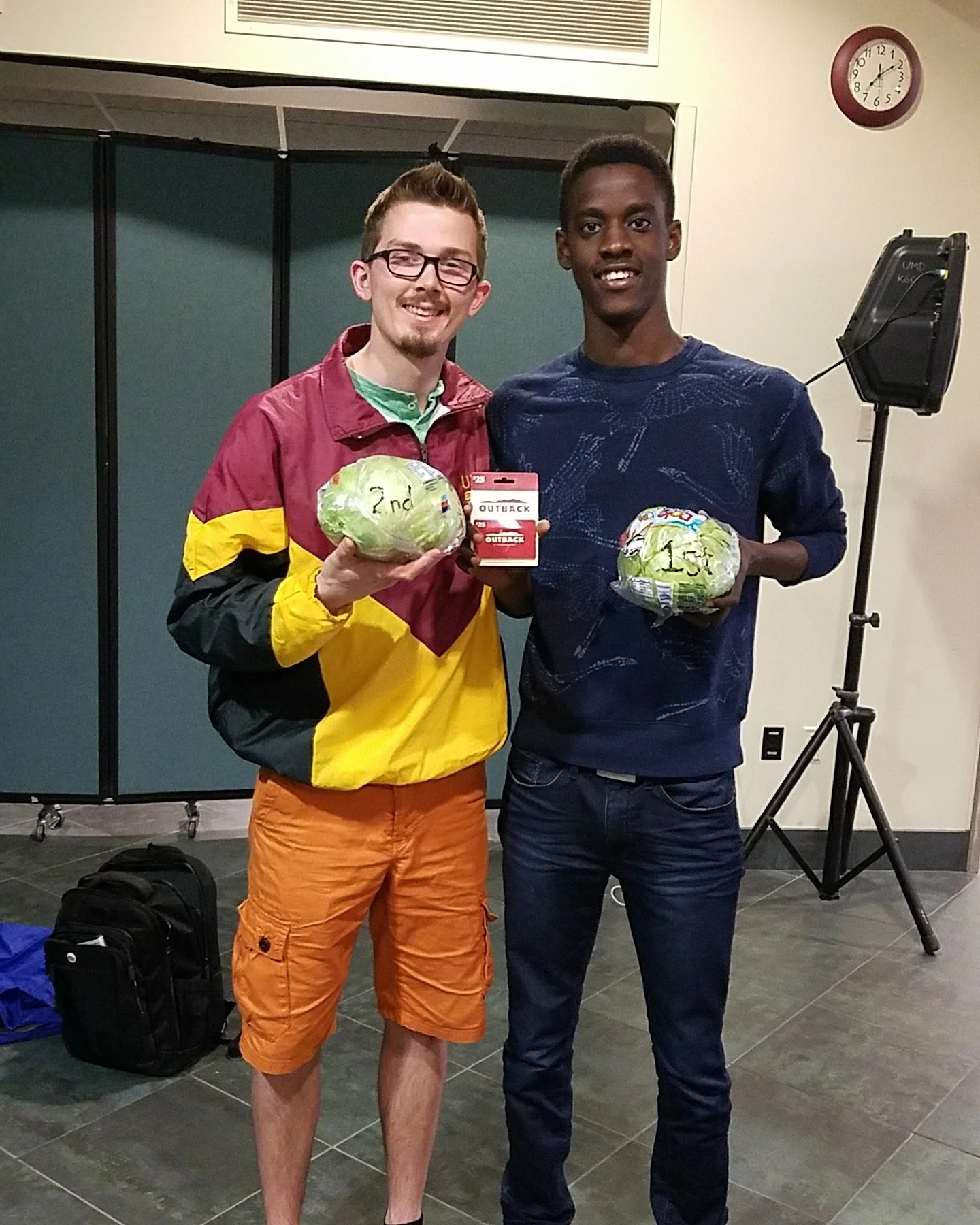 Andrew Weisz (left), second place winner of last year’s Lettuce Club eating competition, and Kofi Austin (right), winner of last year’s competition, on April 27, 2018. Austin is no longer a UMD student so the title, Head of Lettuce, went to Weisz. Photo courtesy of Austin Weisz