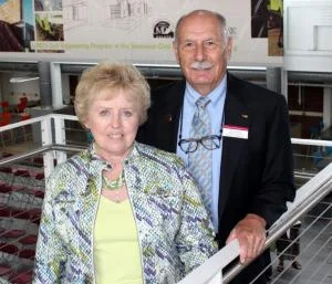Jim Swenson is pictured in the Swenson Civil Engineering Building next to his wife, Susan Swenson. Photo courtesy of SCSE