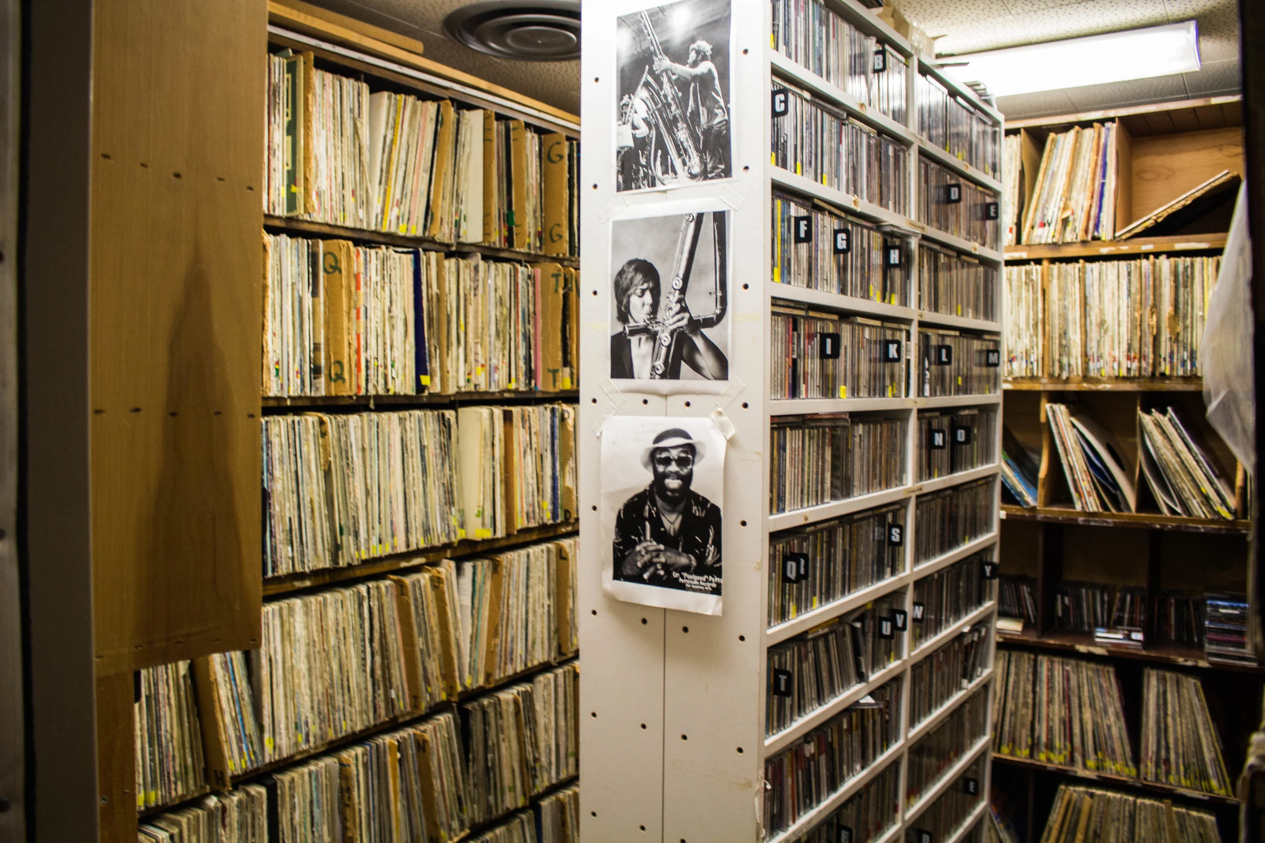 Storage room holding vinyl records in the KUMD studio. Photo by Justin Flesher