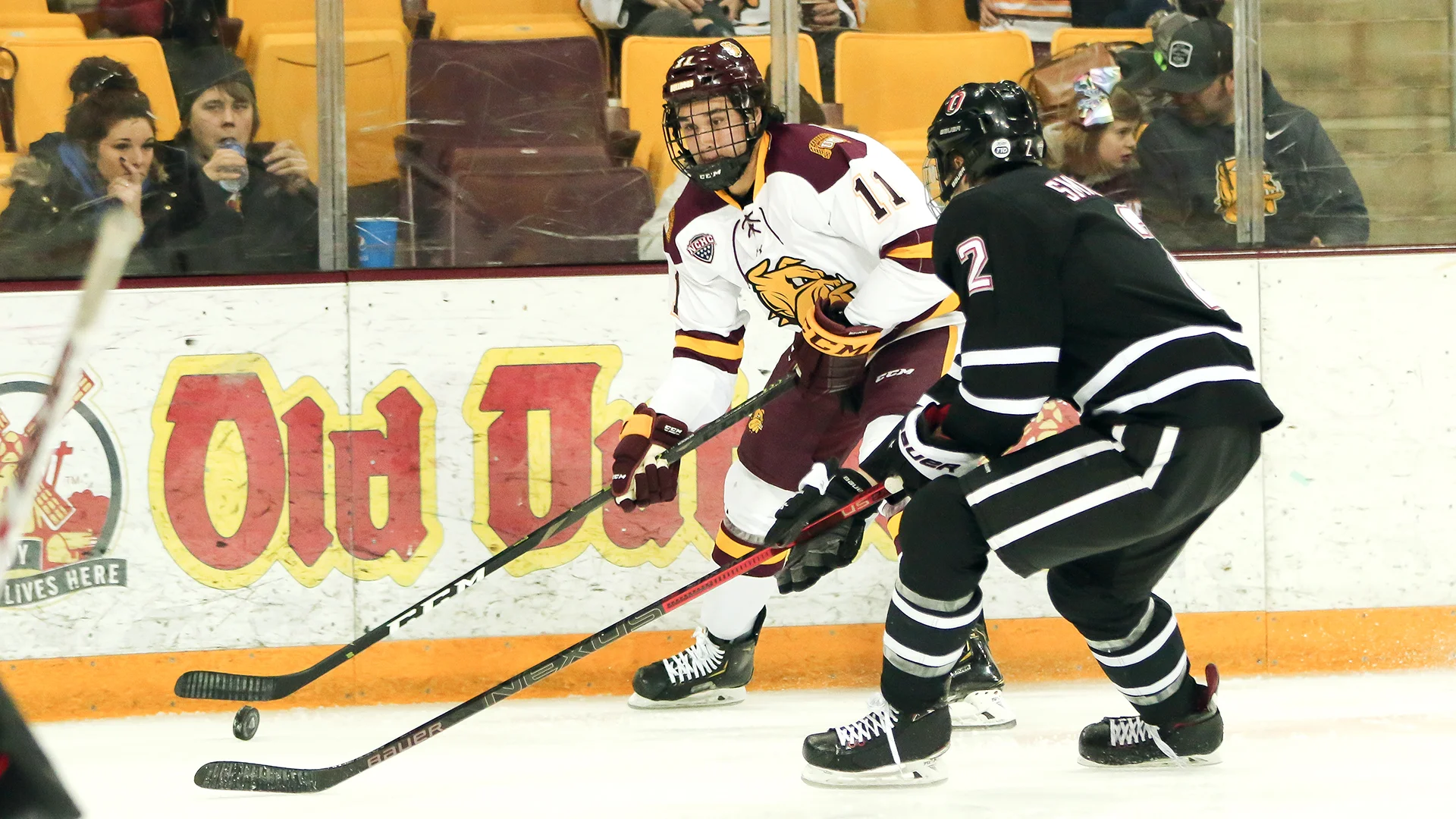 Koby Bender controls the puck during Saturday nights game at AMSOIL Arena. Photo by: Dave Harwig