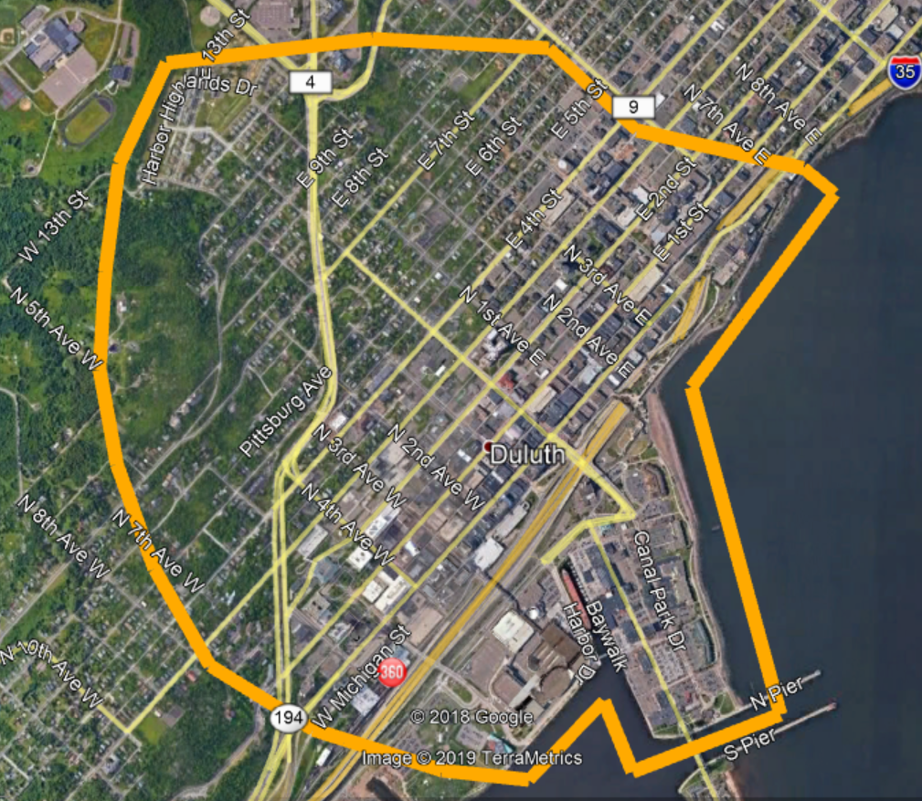 A satellite image of the preposed area for individual property searching provided by the Duluth Police Department