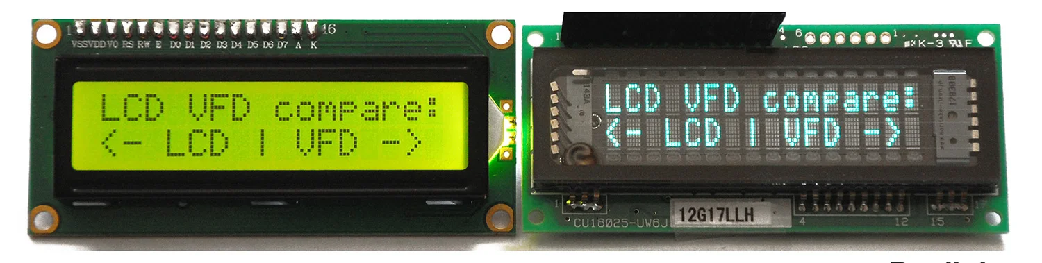 Even LCD controllers such as HD44780 (shown with LCD display left, VFD display right) work with ASCII characters