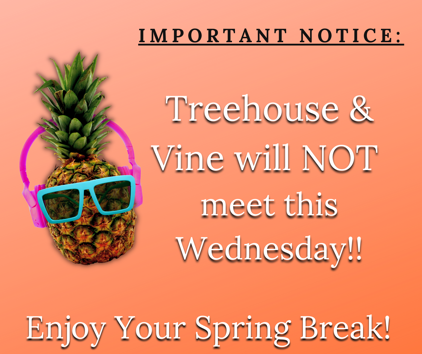 NO TREEHOUSE/VINE - Spring Break!