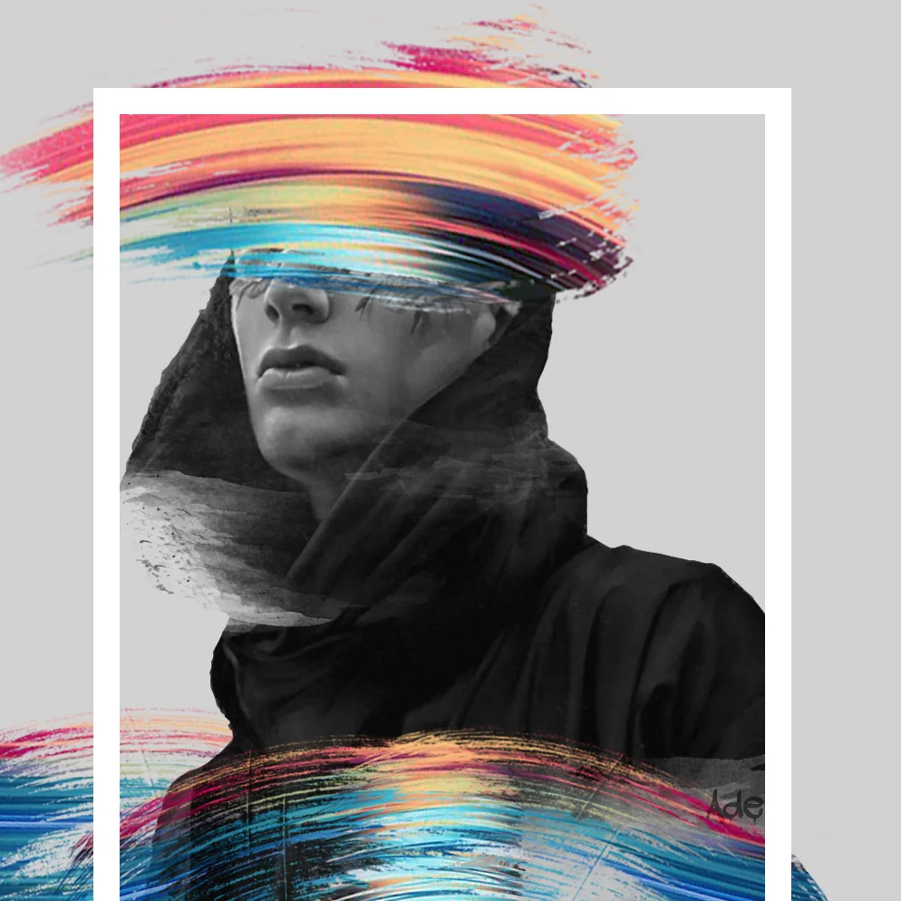 Black and white portrait of a person with their face partially obscured by colorful brushstrokes covering the eyes, wearing a hooded jacket.