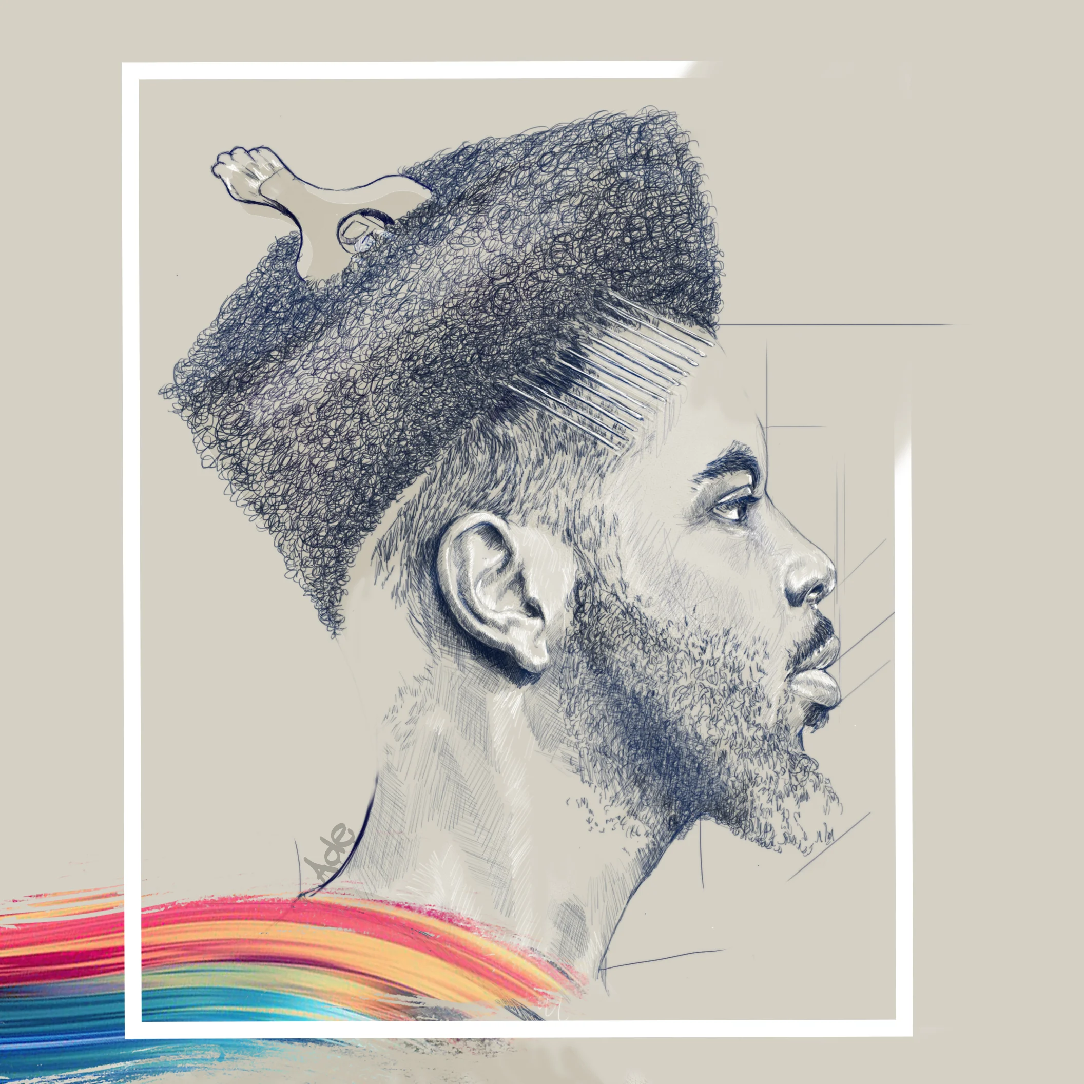 A digital sketch of a man in profile with a beard, wearing a fro textured, afro-inspired hairpiece topped with a bone and comb, against a light background with color streaks at the bottom.