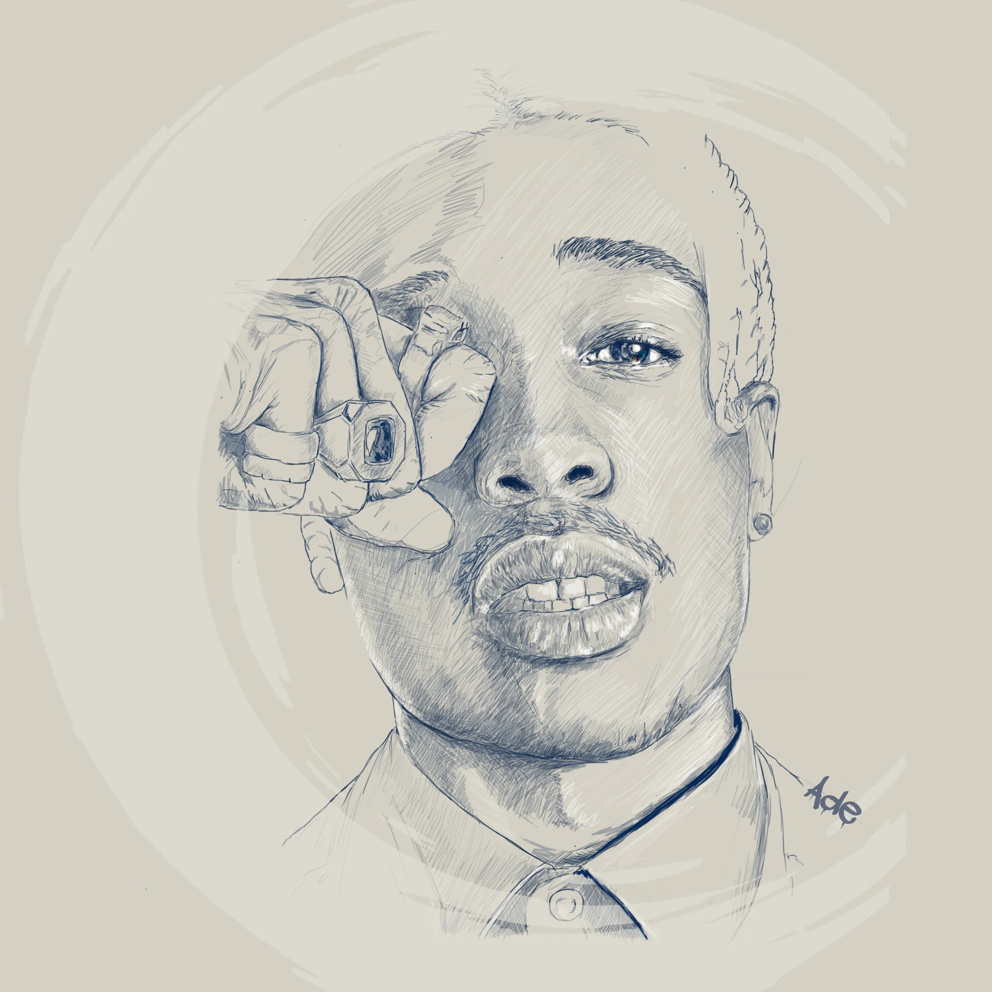 A digital sketch of a man with a mustache and goatee, holding his hand to his face with a finger near his eye, wearing a ring and earrings, with a serious expression.