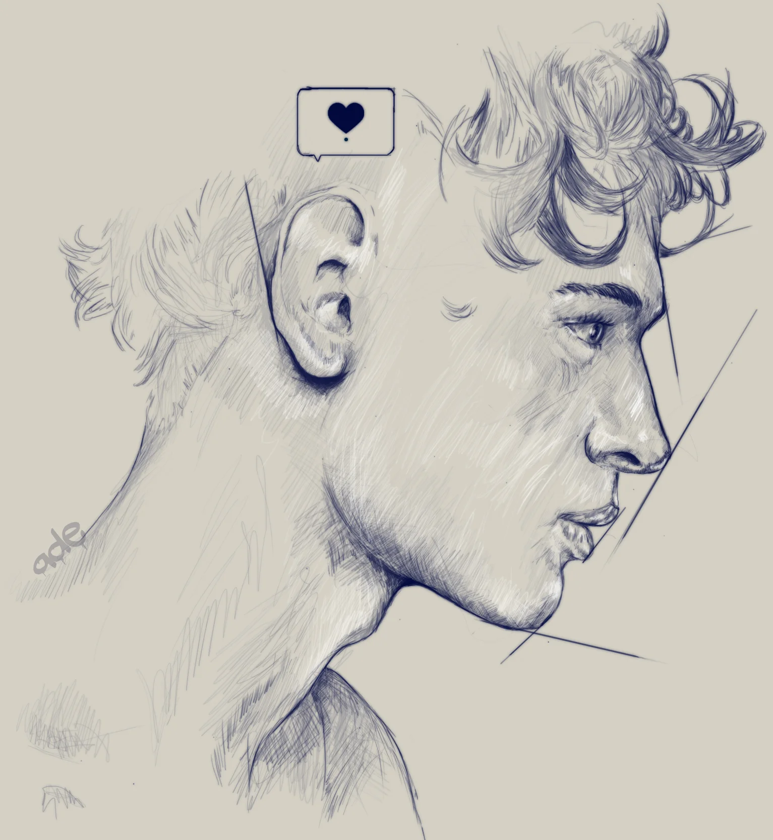 A digital sketch of a side profile of a young man's face with detailed features and textured hair, with a small speech bubble with a heart icon near his ear.