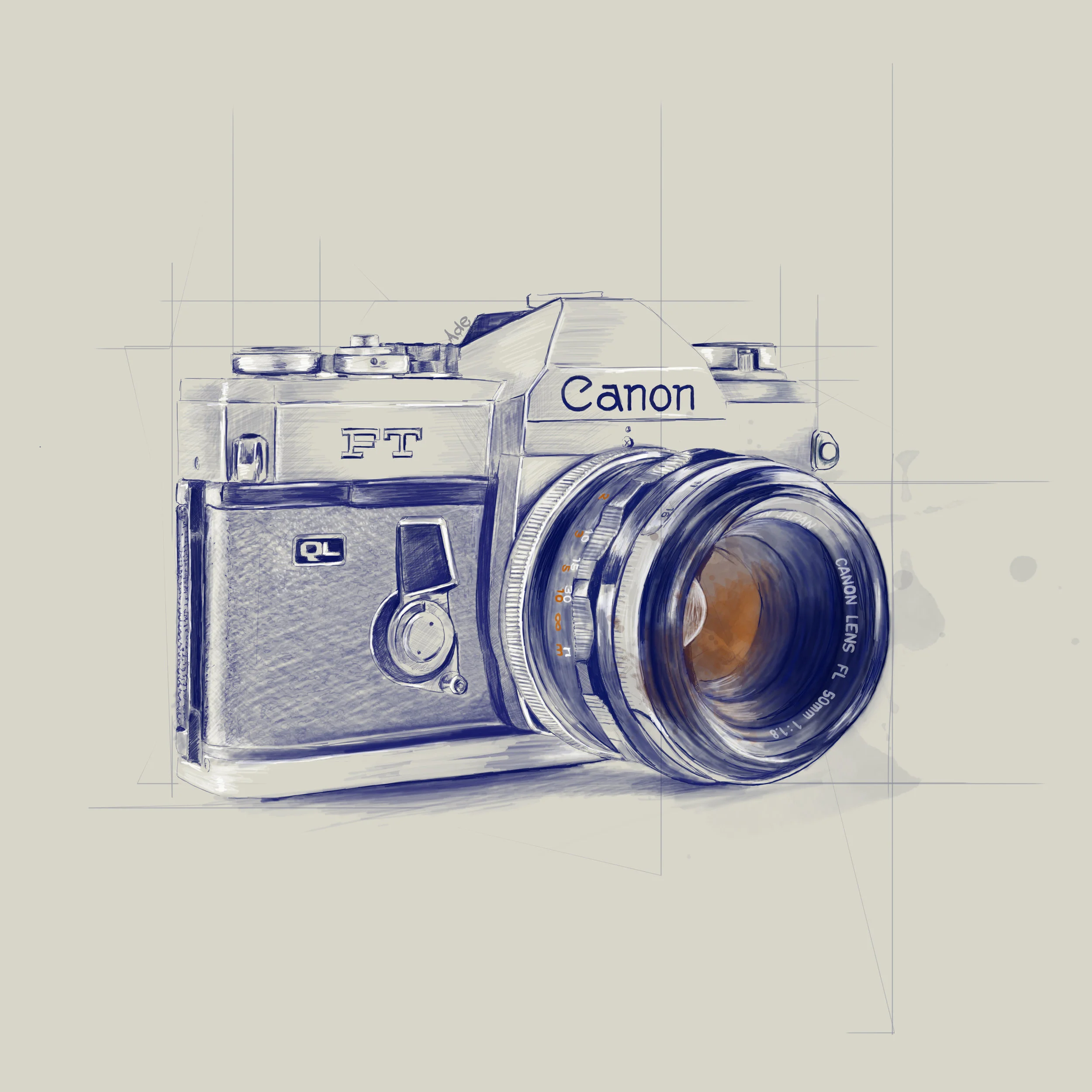 Digital illustration of a vintage Canon FT camera with a lens attached, sketched with detailed shading and linework.