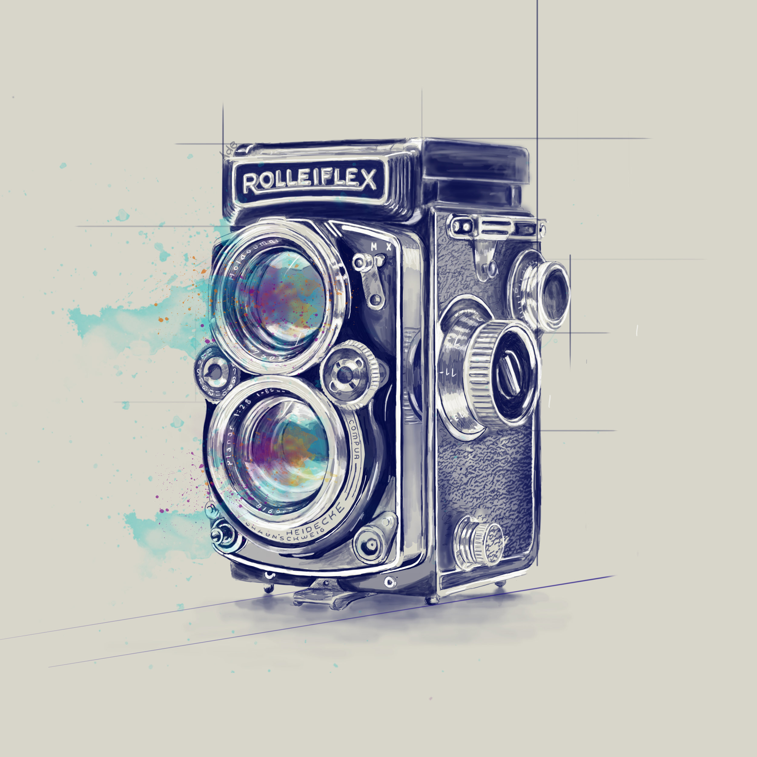 Digital illustration of a vintage Rolleiflex twin-lens reflex camera with colorful lens reflections and a splash of watercolor effects.