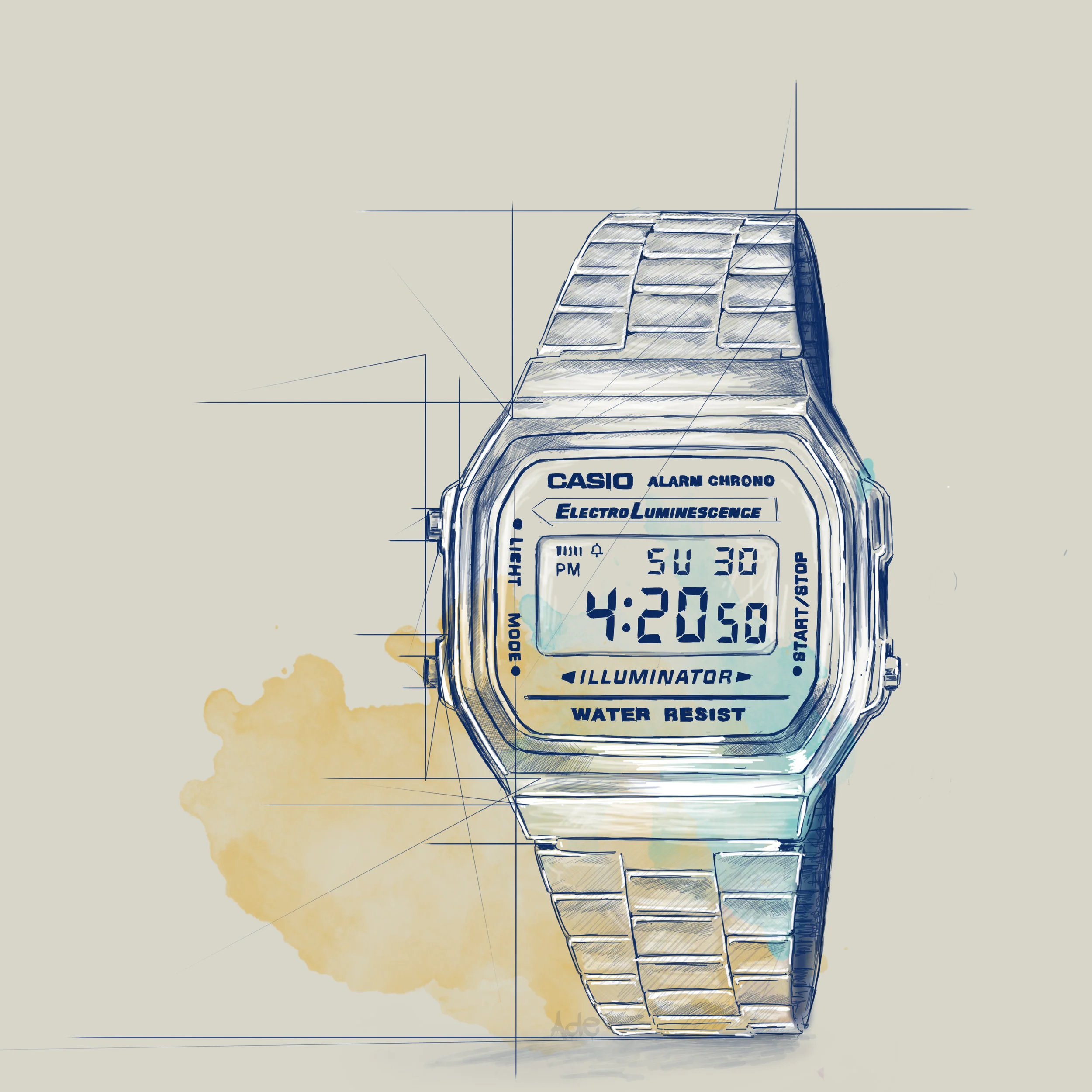 Drawing of a digital Casio wristwatch with a metal strap, displaying the time 4:20:50 PM on Sunday, March 30, with labels for features like alarm, chronograph, and water resistance.
