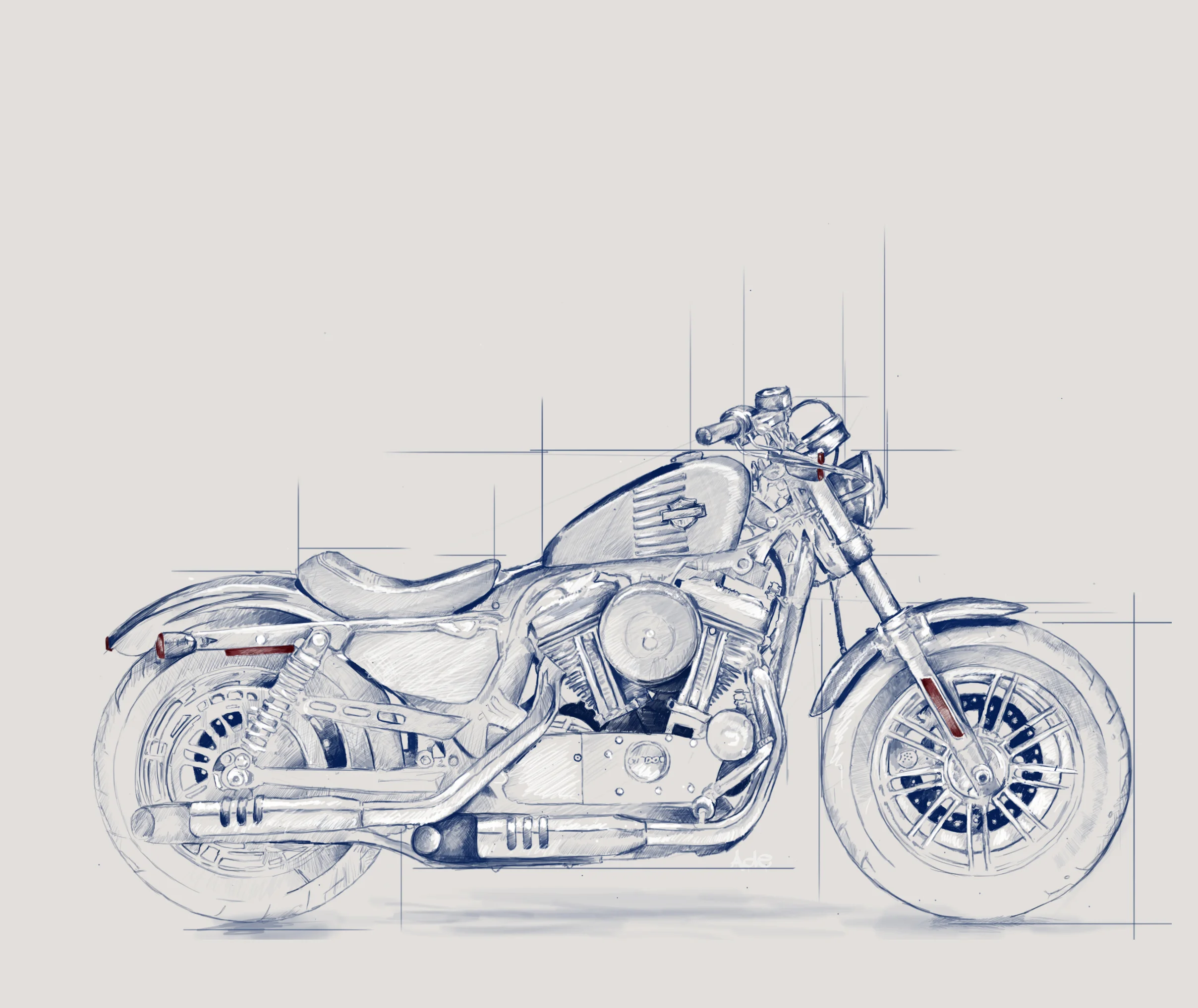 A detailed technical drawing of a vintage motorcycle, showing side view with mechanical parts, tires, and frame, against a plain background.