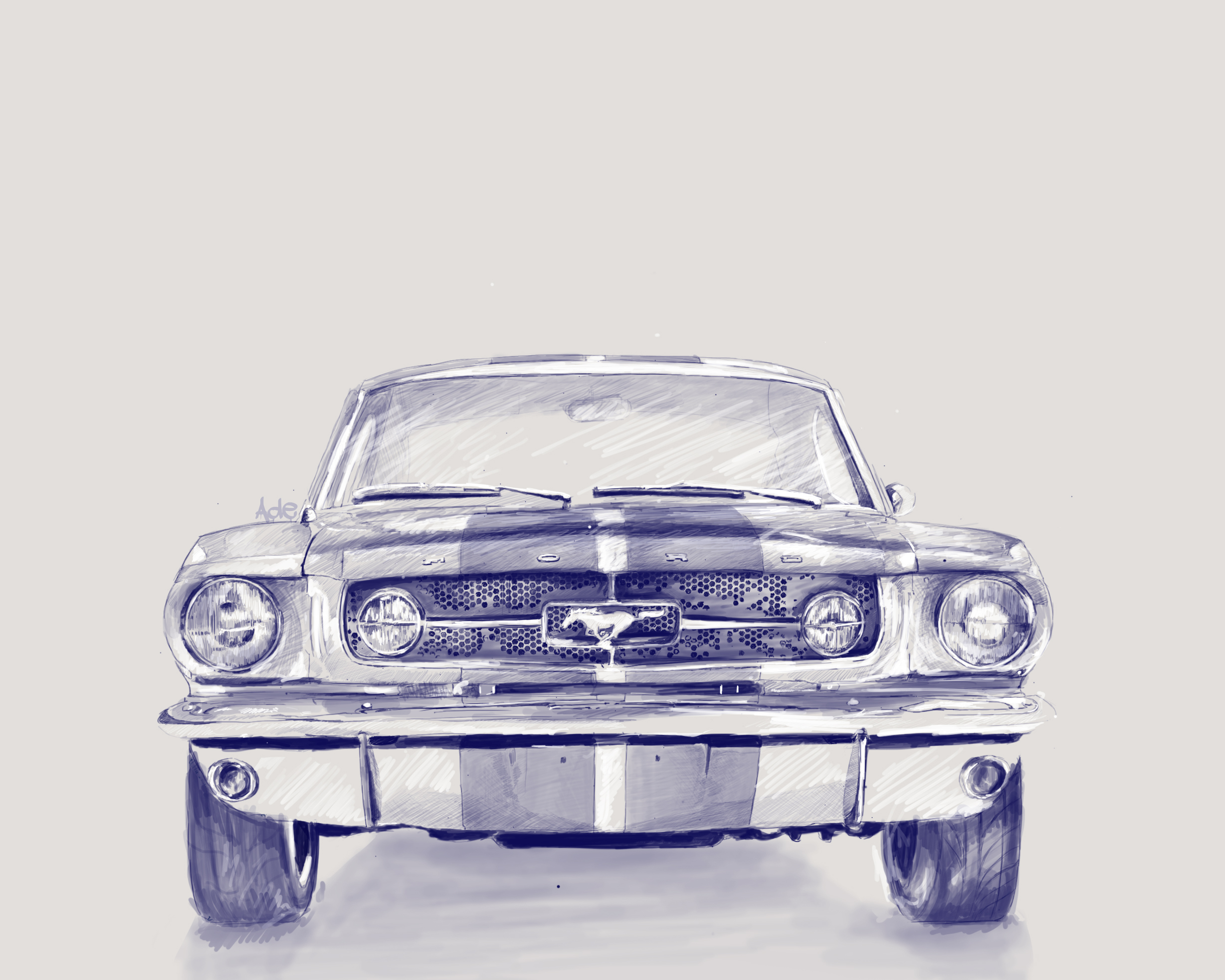 A detailed drawing of a vintage Ford Mustang car viewed from the front