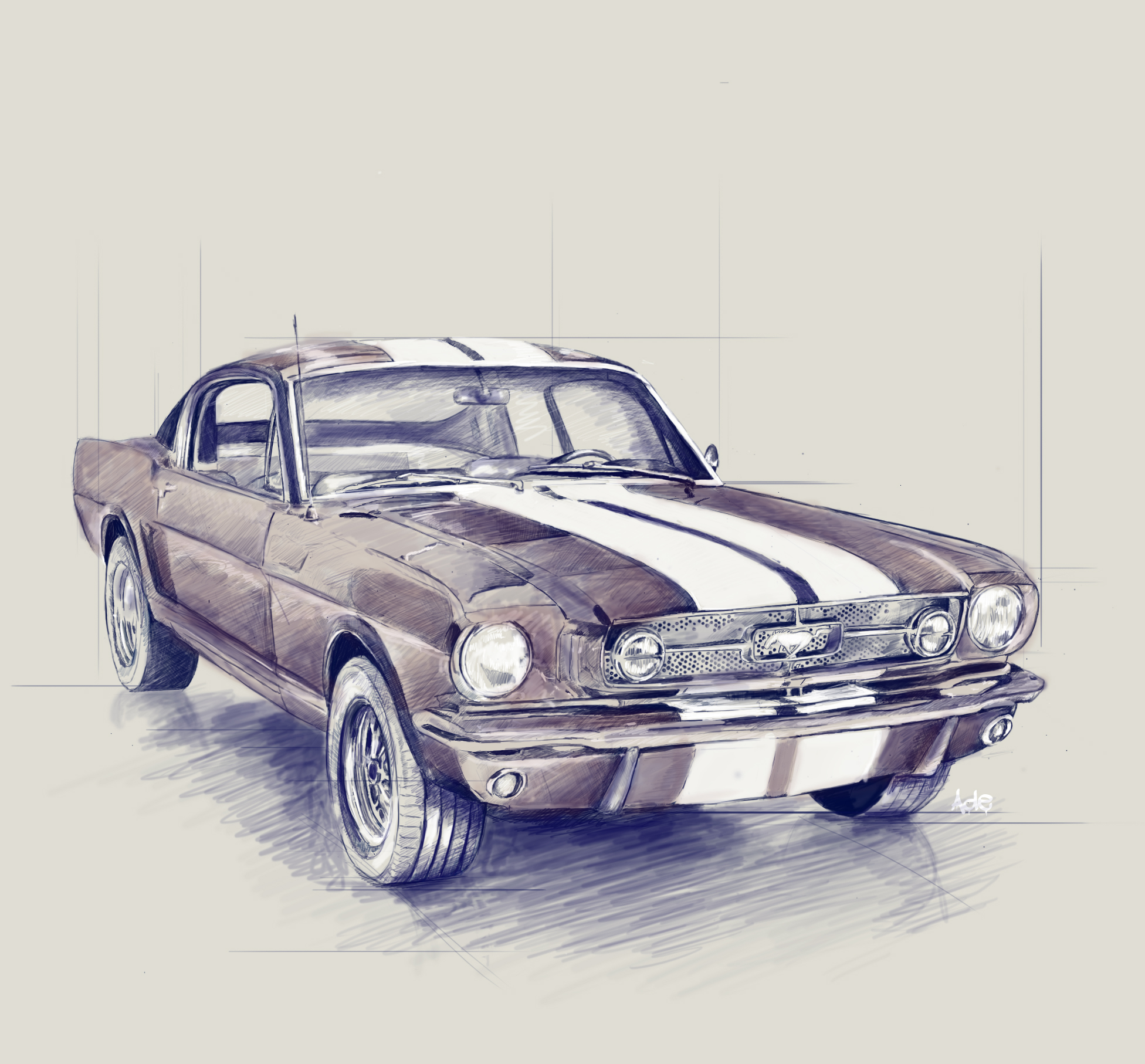 A vintage brown Ford Mustang with white racing stripes, illustrated in a sketch style, facing slightly to the left.