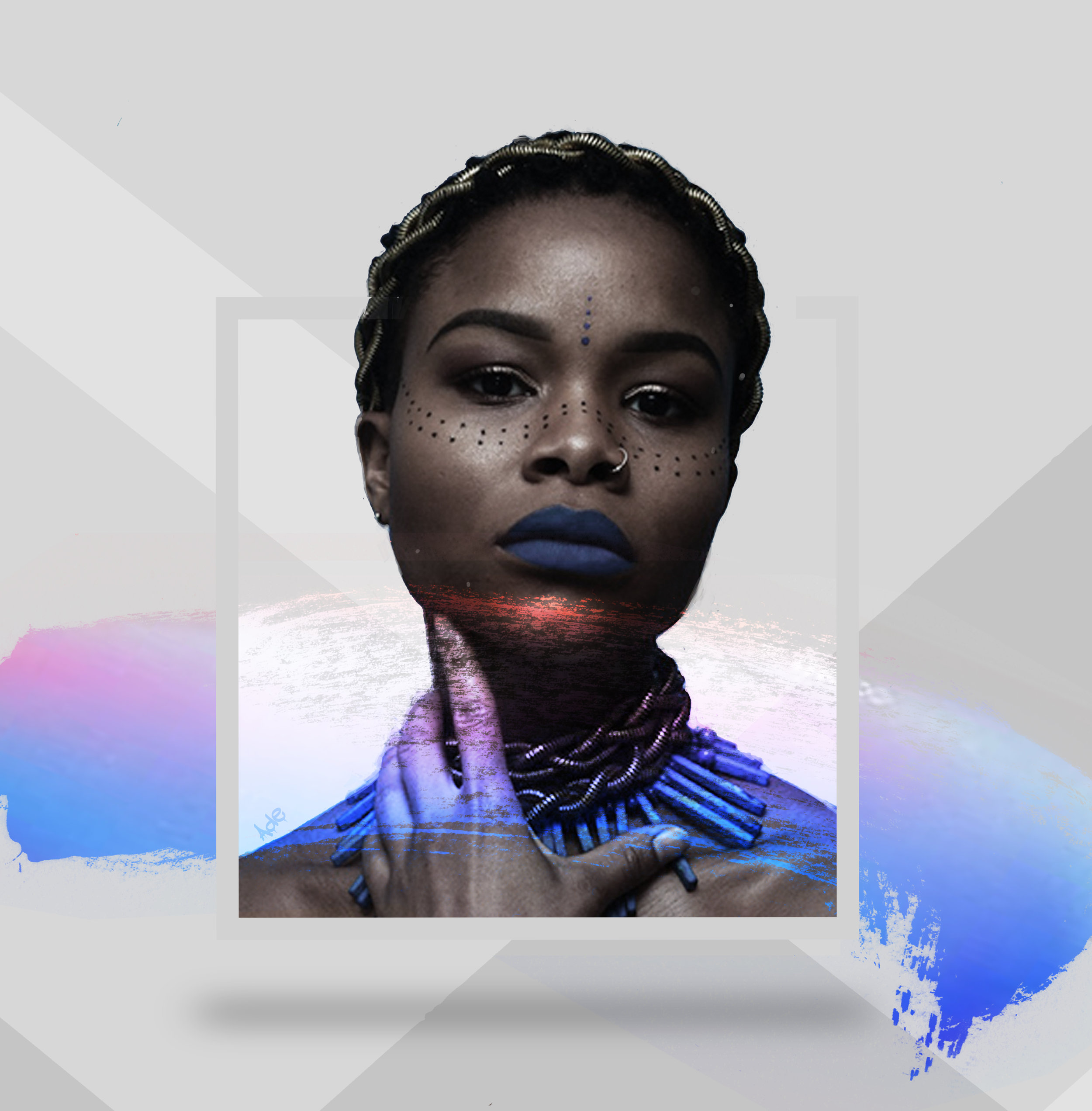 Portrait of a woman with dark skin, styled black and gold braided hair, dark blue lipstick, wearing blue jewelry, and makeup with small dots around her eyes and forehead, against a light background.