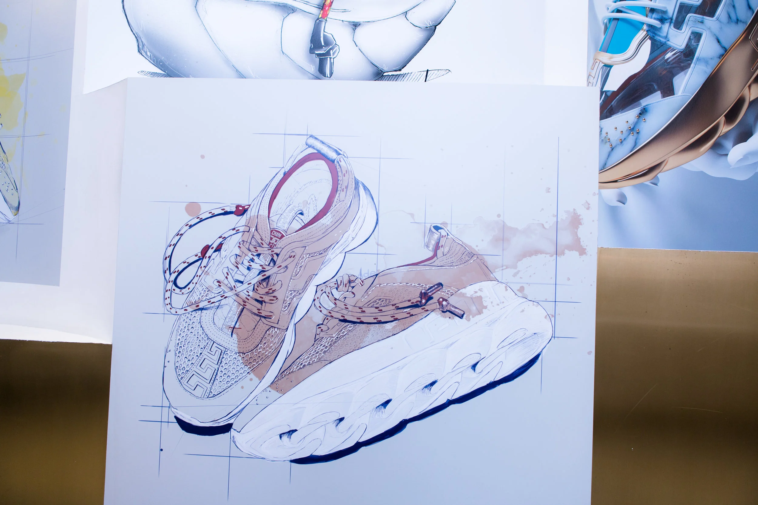 Design sketch of beige and white sneakers with detailed line work and color accents Versace, fashion , New York