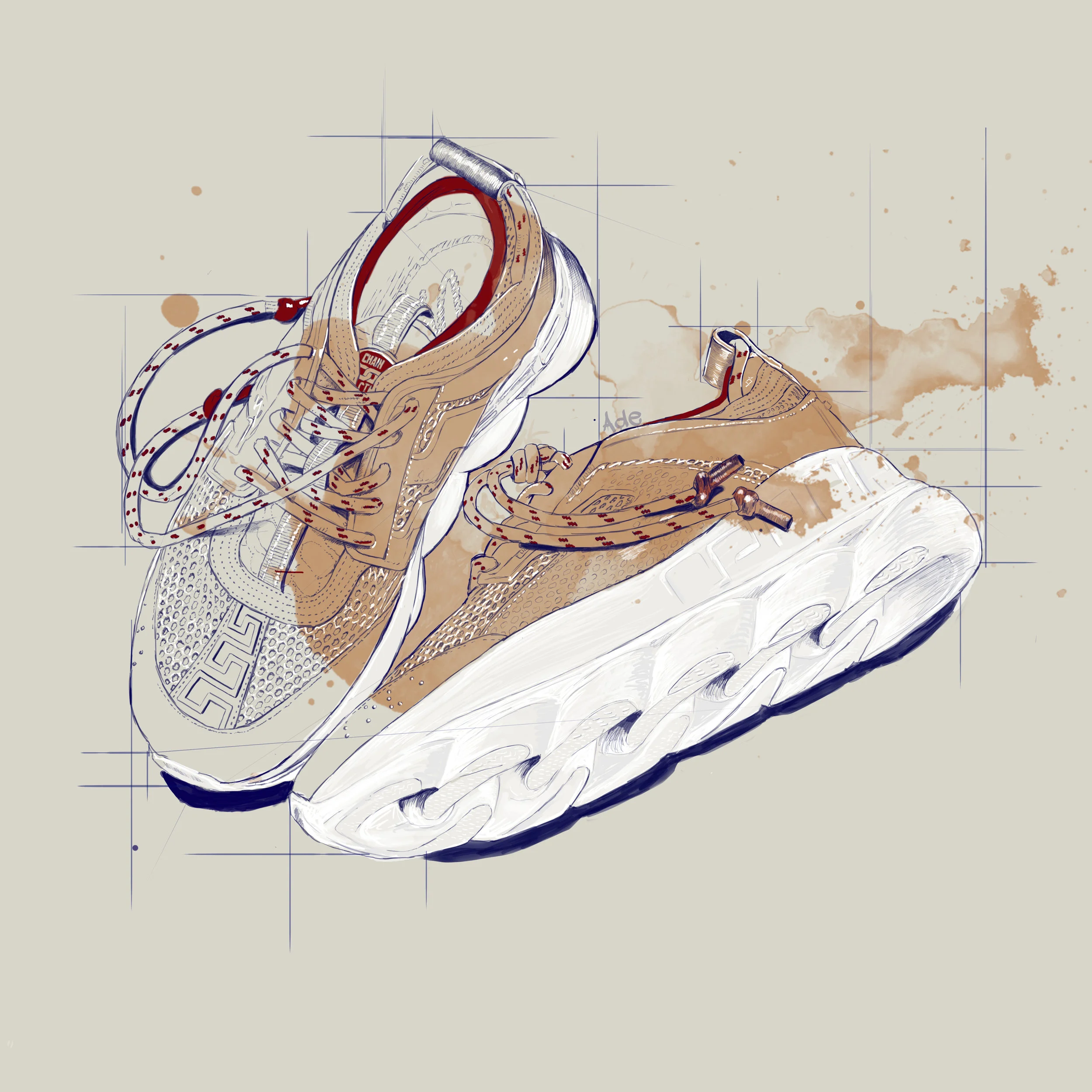 A digital sketch of a pair of beige sneakers with intricate design details, featuring a white sole and red accents on the laces, Salehe Bembury, Versace , Chain reaction